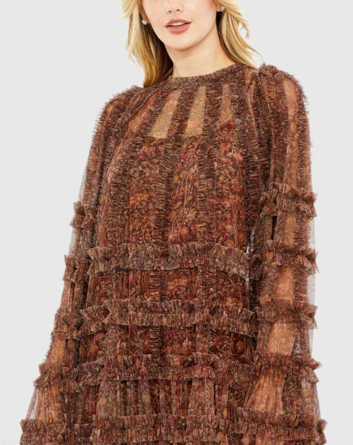 Brown Floral Print Long Flare Sleeve Mesh A-Line Dress - FINAL SALE - Image 2