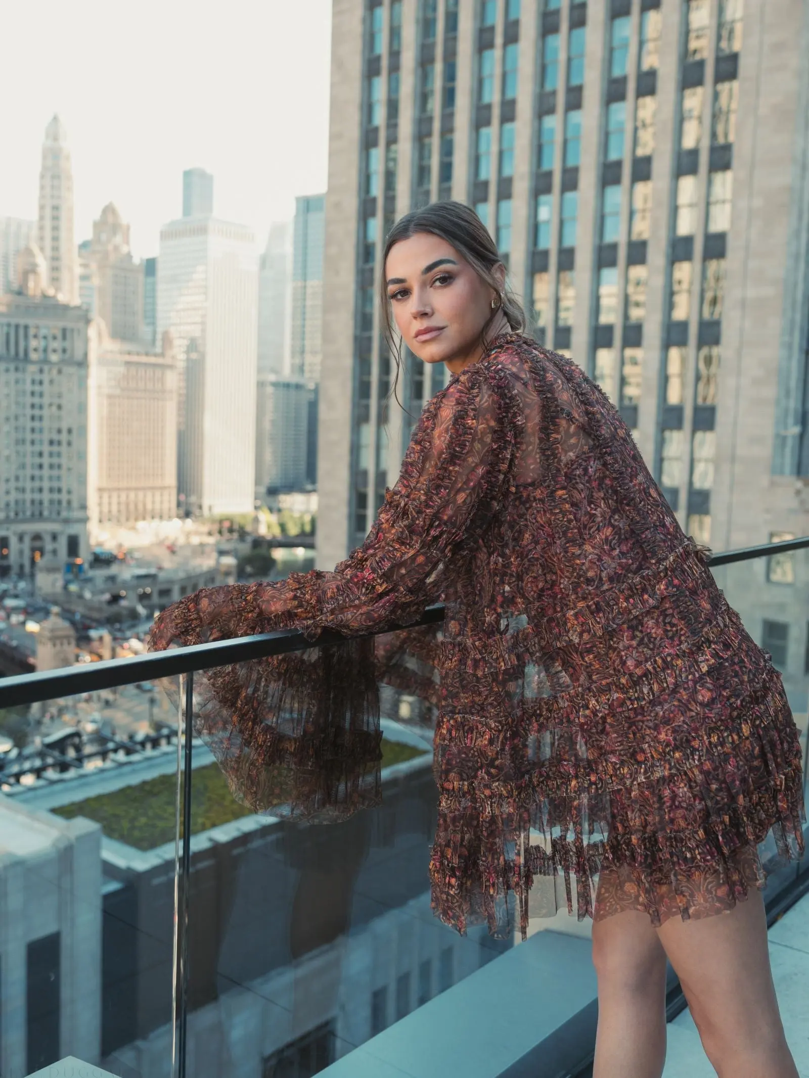 Brown Floral Print Long Flare Sleeve Mesh A-Line Dress - FINAL SALE - Image 4
