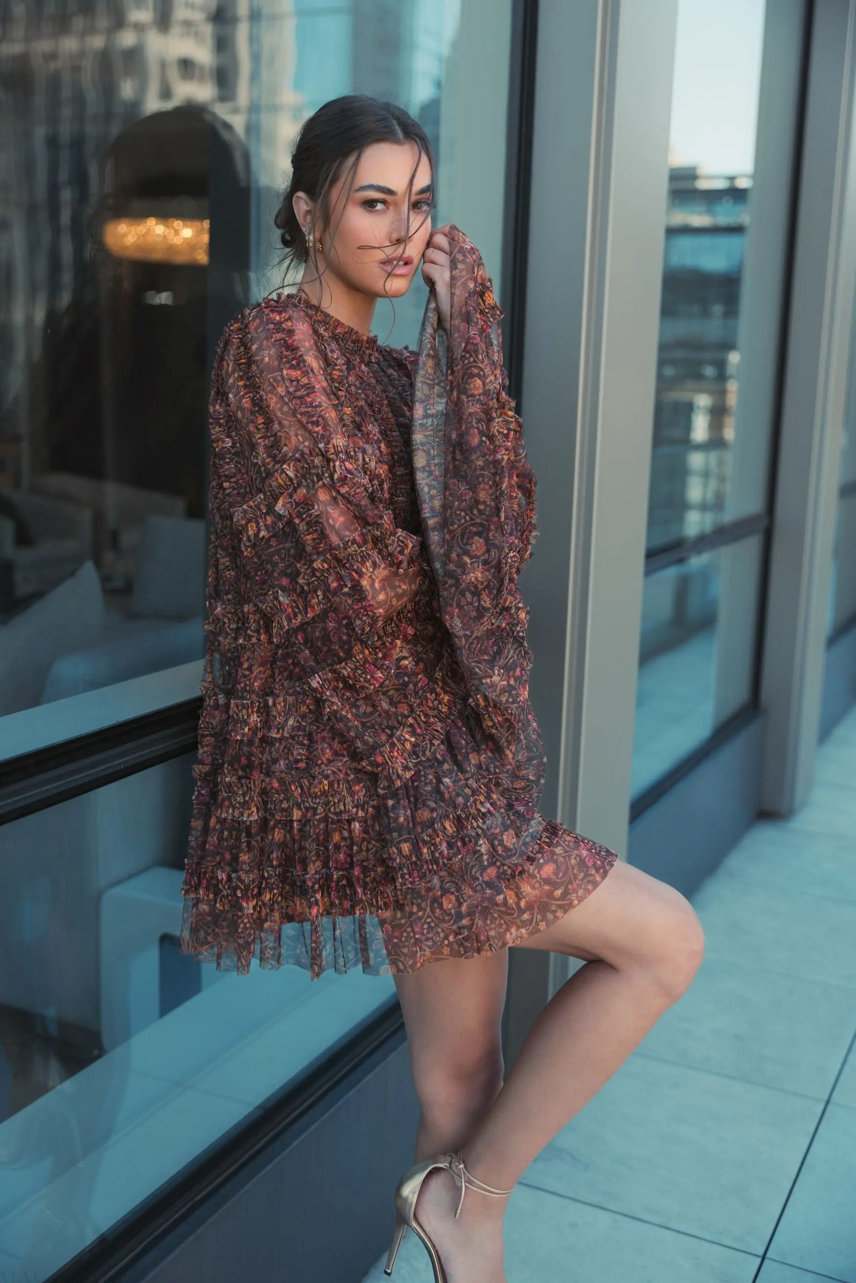 Brown Floral Print Long Flare Sleeve Mesh A-Line Dress - FINAL SALE - Image 5