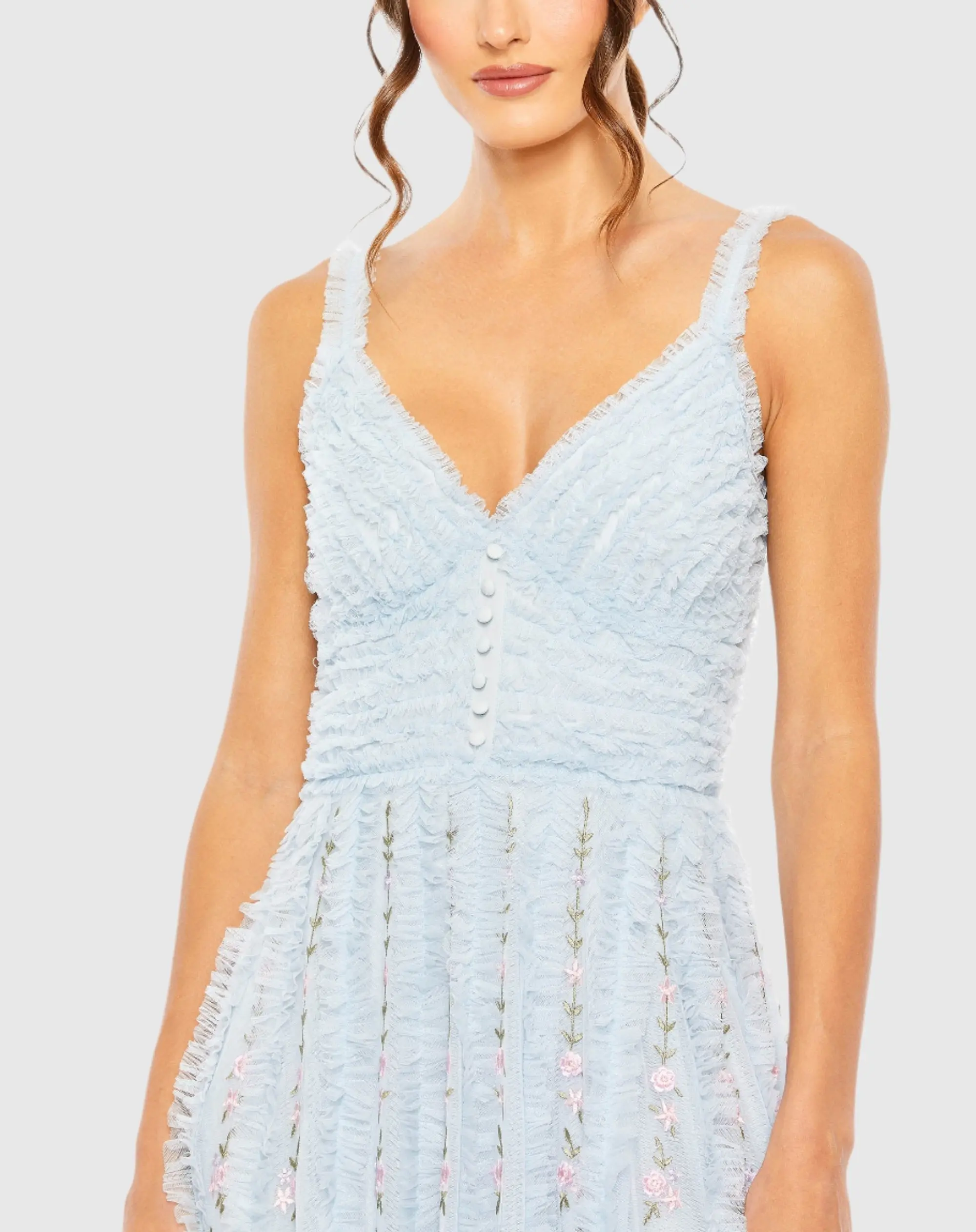 Blue Ruffle Floral Embroidered Detail Midi Dress - Image 2
