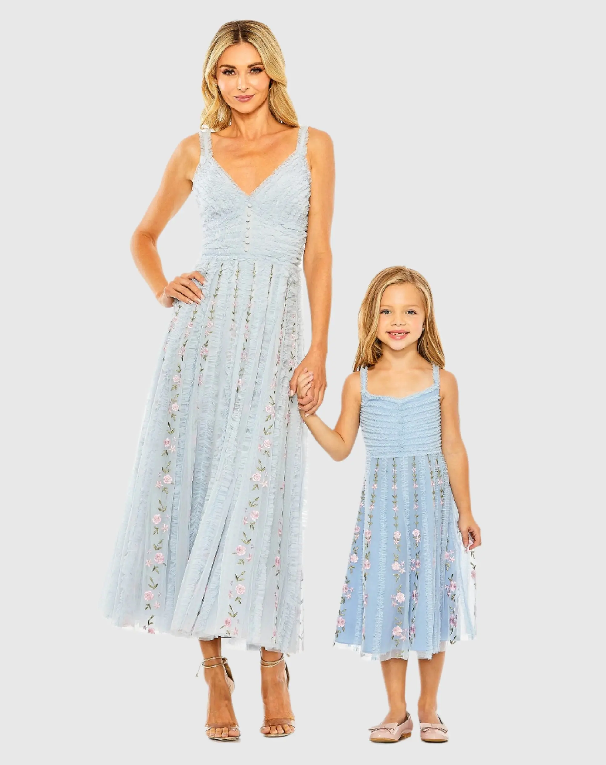 Blue Ruffle Floral Embroidered Detail Midi Dress - Image 4