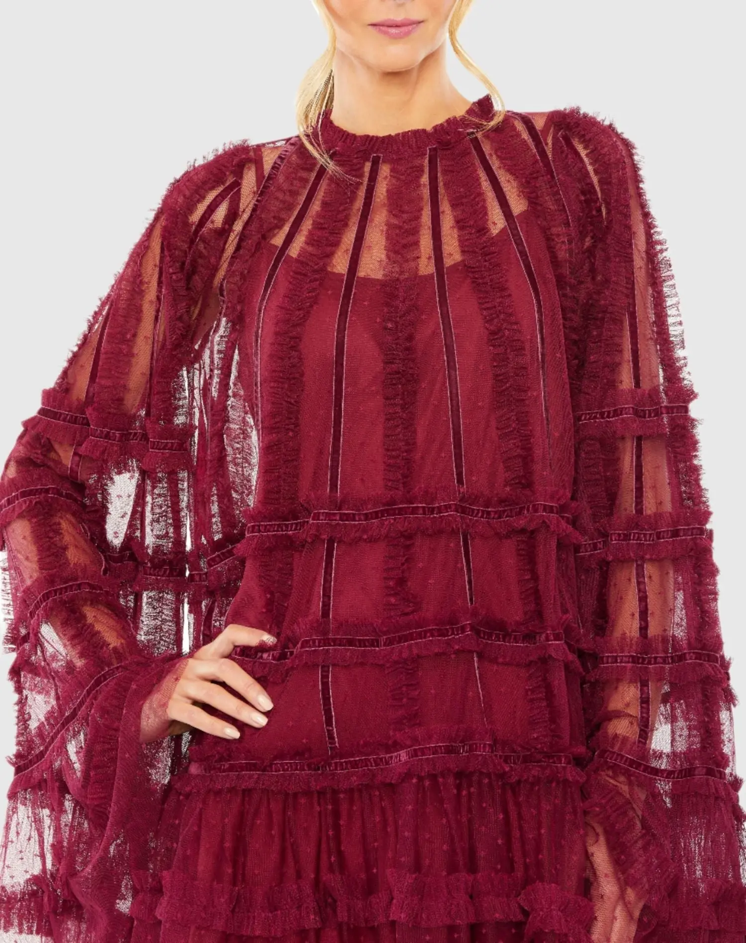 Red High Neck Ruffle Bell Sleeve Trapeze Dress - Image 2