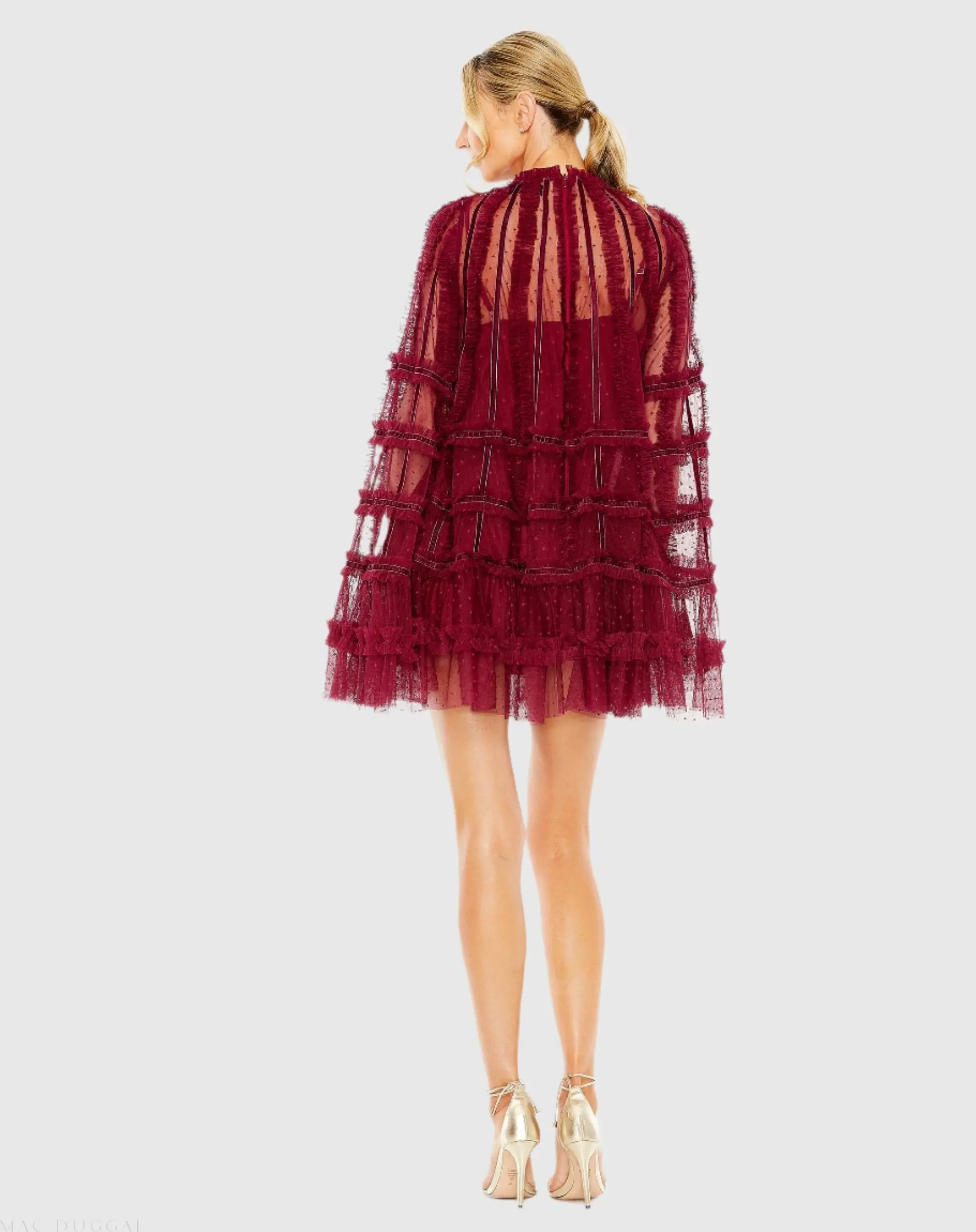 Red High Neck Ruffle Bell Sleeve Trapeze Dress - Image 3