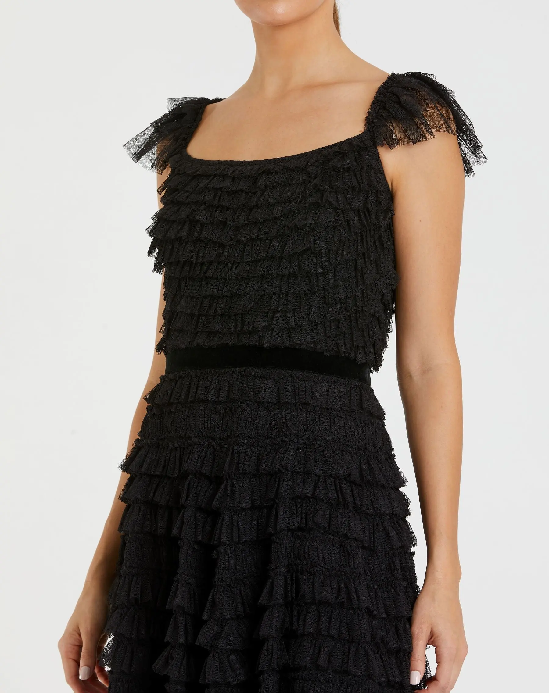 Black Ruffle Cap Sleeve Tiered Midi Dress - Image 2