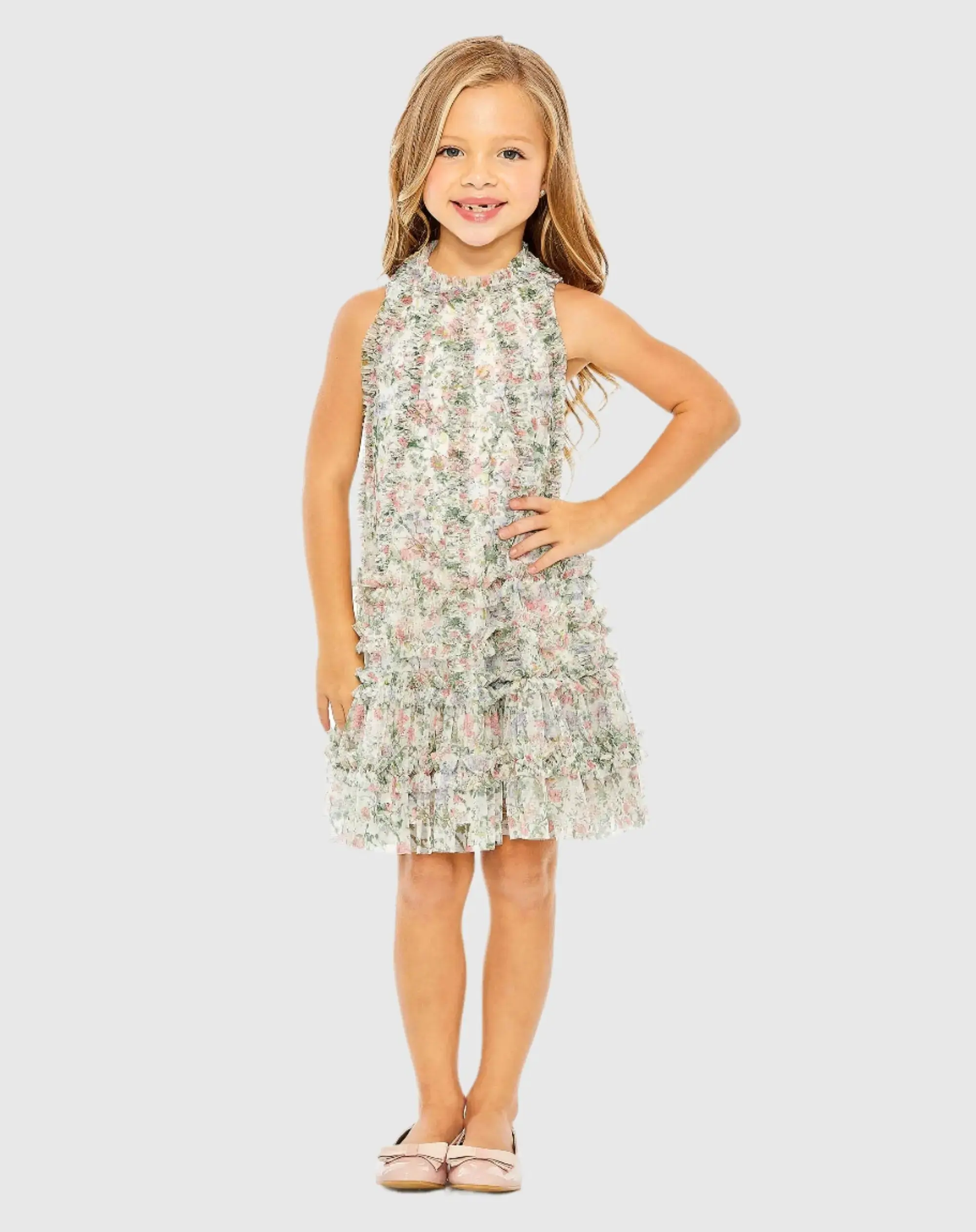 Girls Multicolor Floral Printed Ruffle Mini Dress