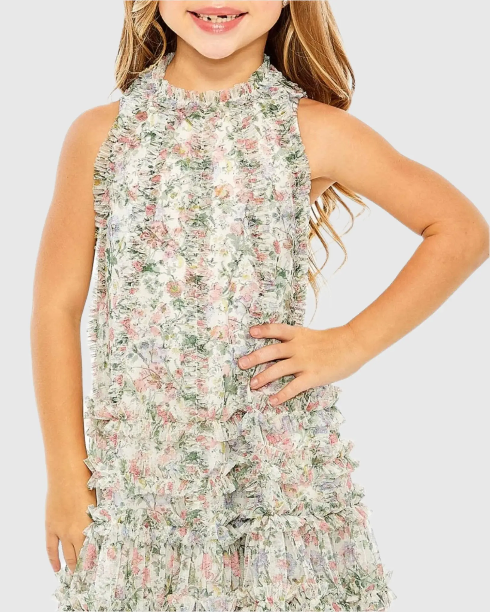 Girls Multicolor Floral Printed Ruffle Mini Dress - Image 2
