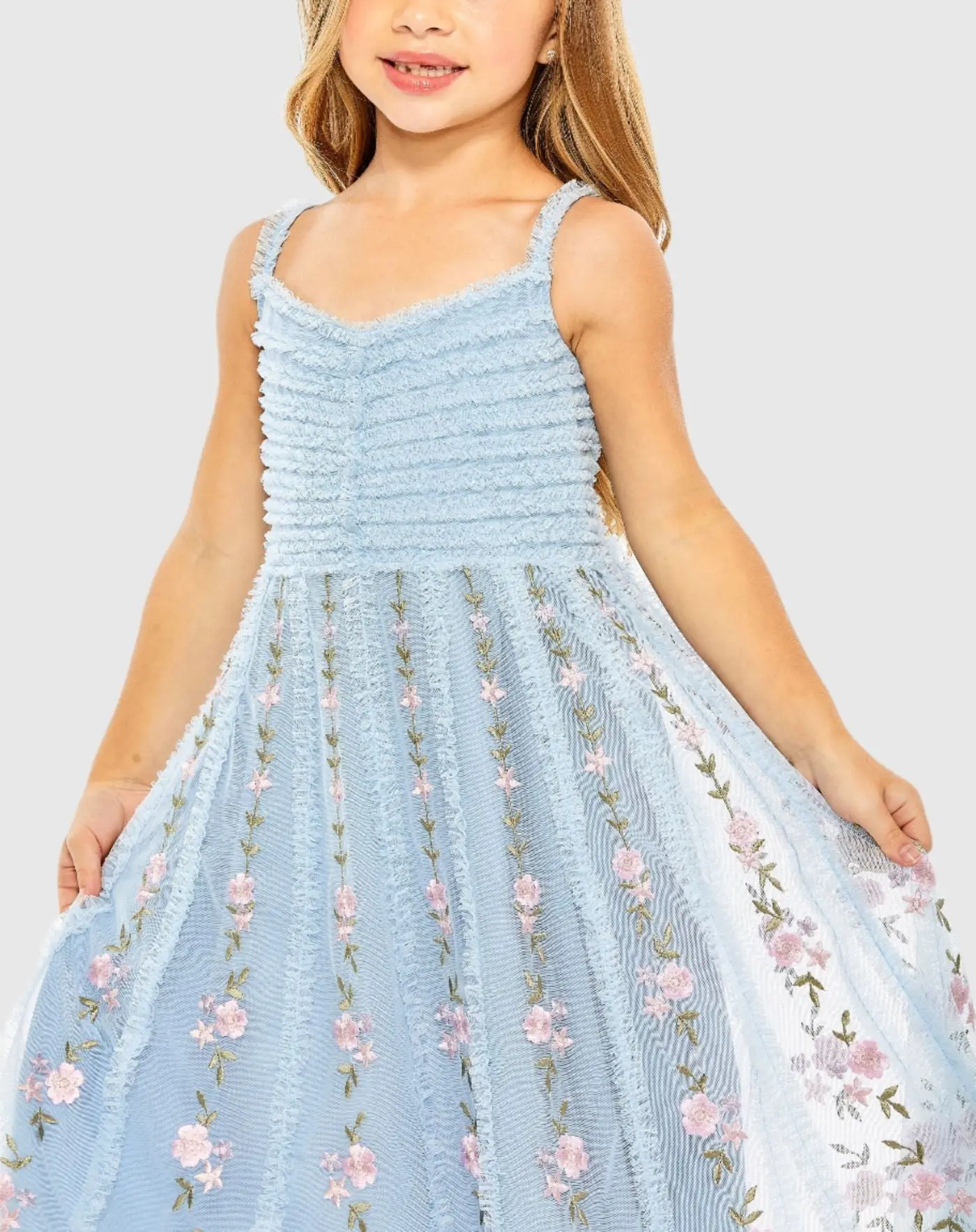 Girls Light Blue Ruffle Floral Embroidered Detail Mini Dress - Image 2