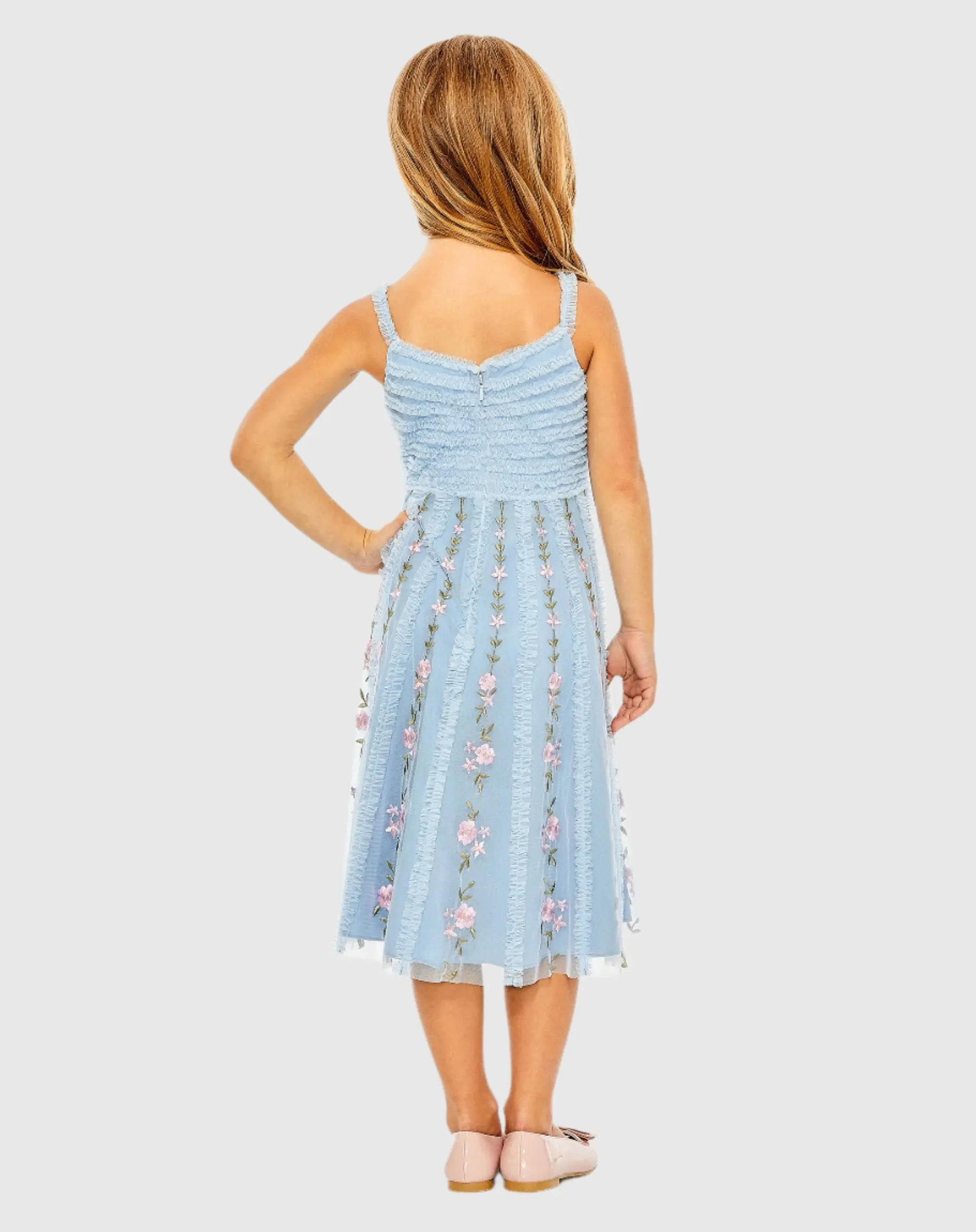 Girls Light Blue Ruffle Floral Embroidered Detail Mini Dress - Image 3
