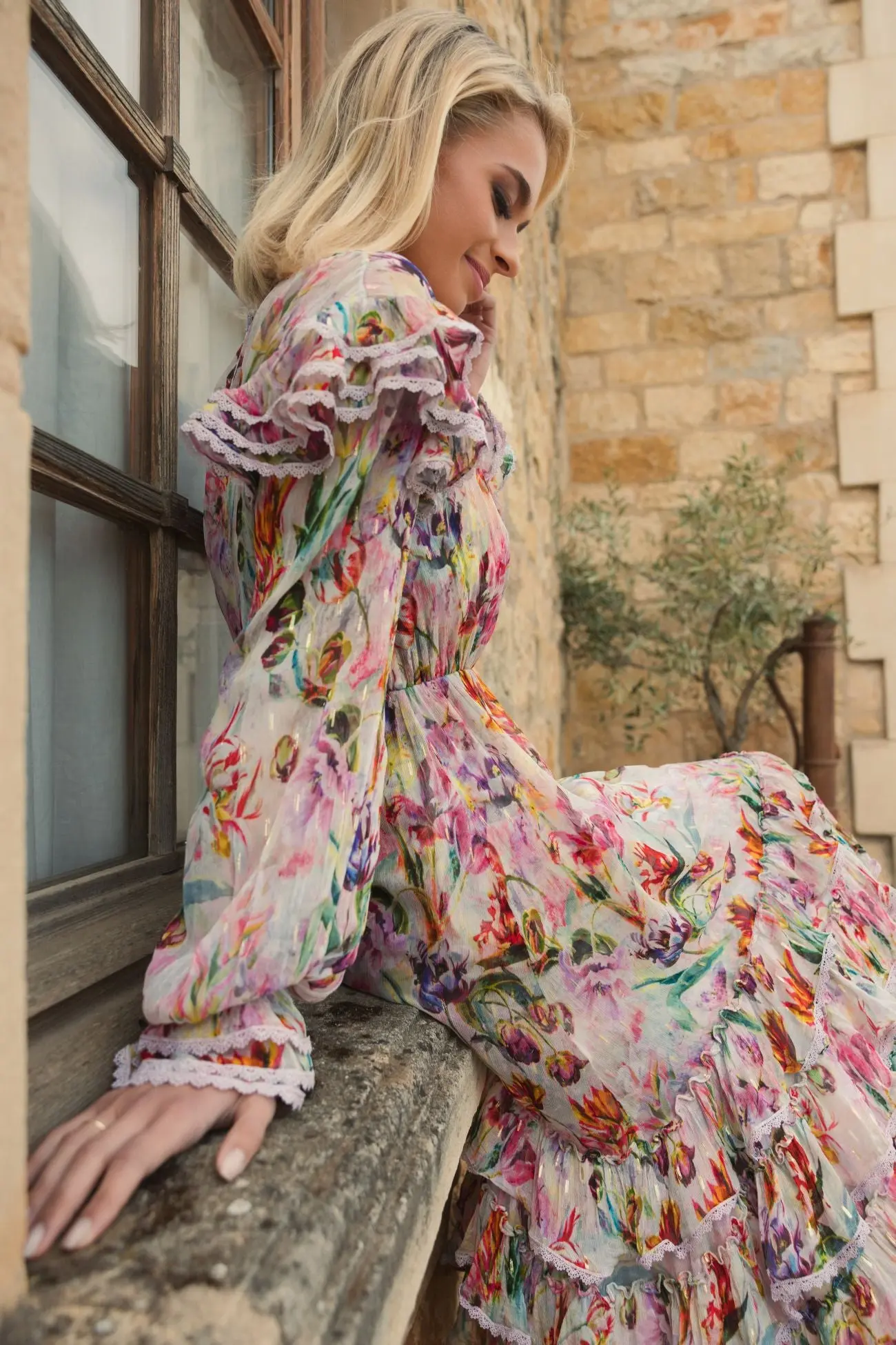 Multicolor Long Sleeve Ruffle Detail Floral Shift Dress - Image 6