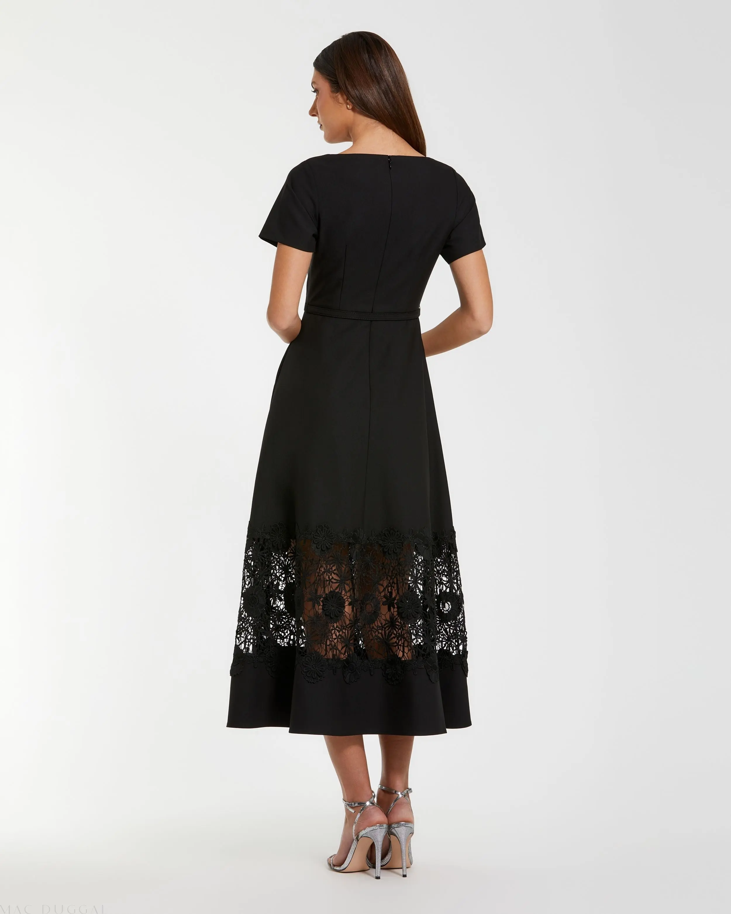 Black Crepe Boat Neck Midi Dress With Belt - Image 3