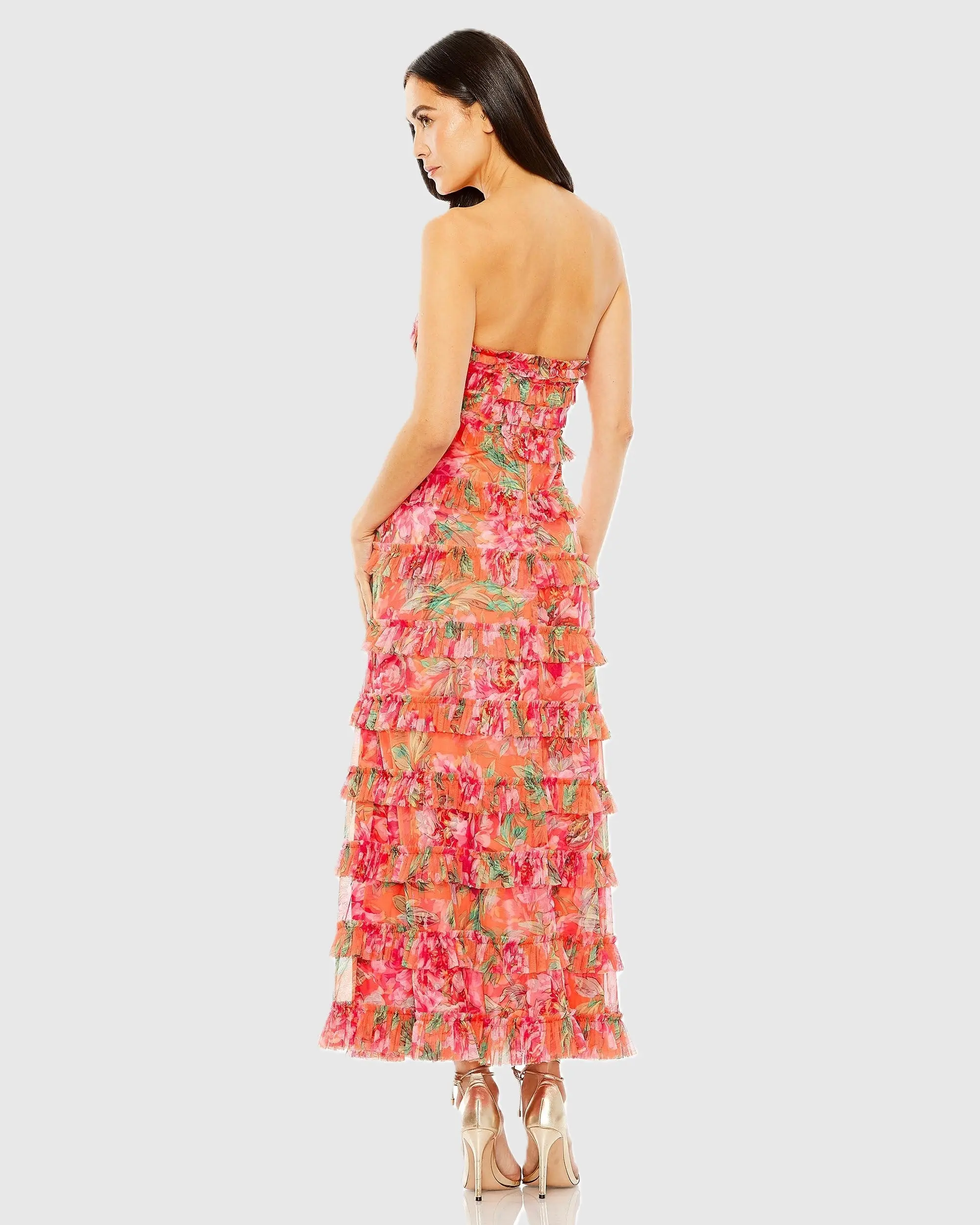 Multicolor Strapless Floral Micro Ruffle Dress - Image 3