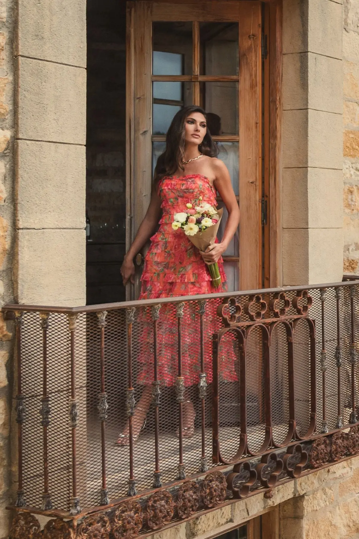 Multicolor Strapless Floral Micro Ruffle Dress - Image 4