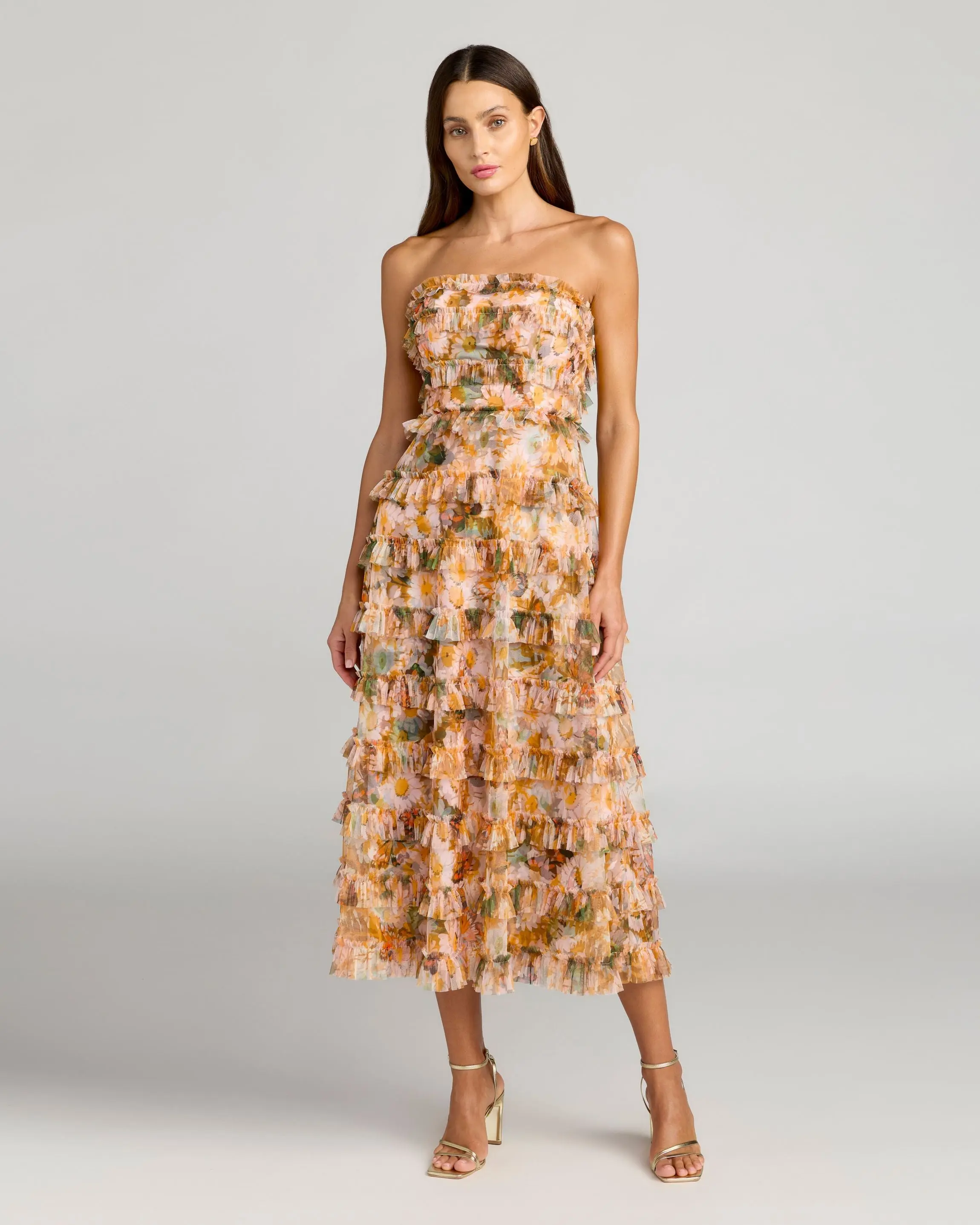 Gold Strapless Floral Micro Ruffle Dress