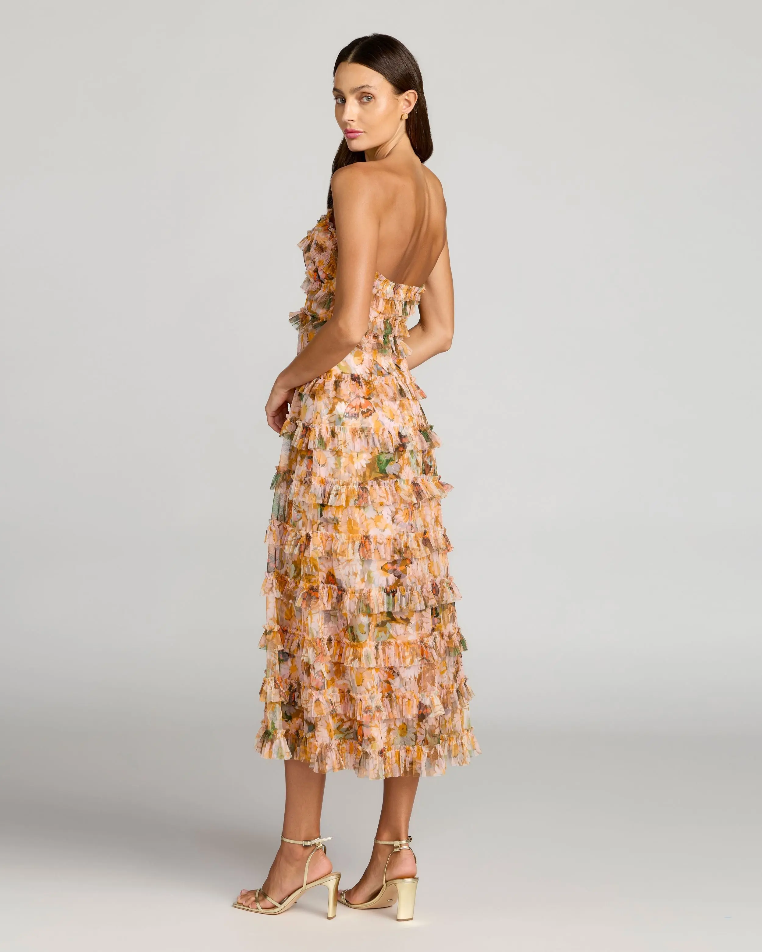 Gold Strapless Floral Micro Ruffle Dress - Image 3