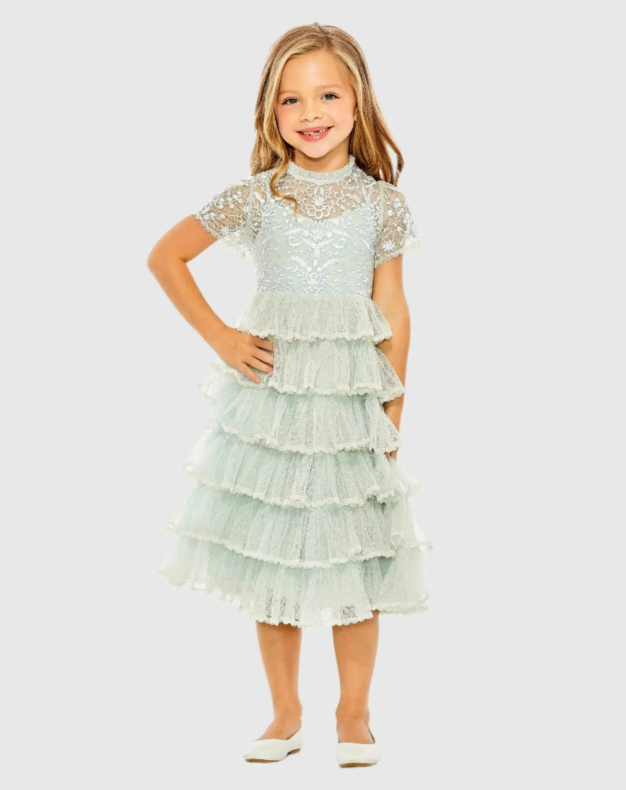 Blue Girls High Neck Embroidered Short Sleeve Dress