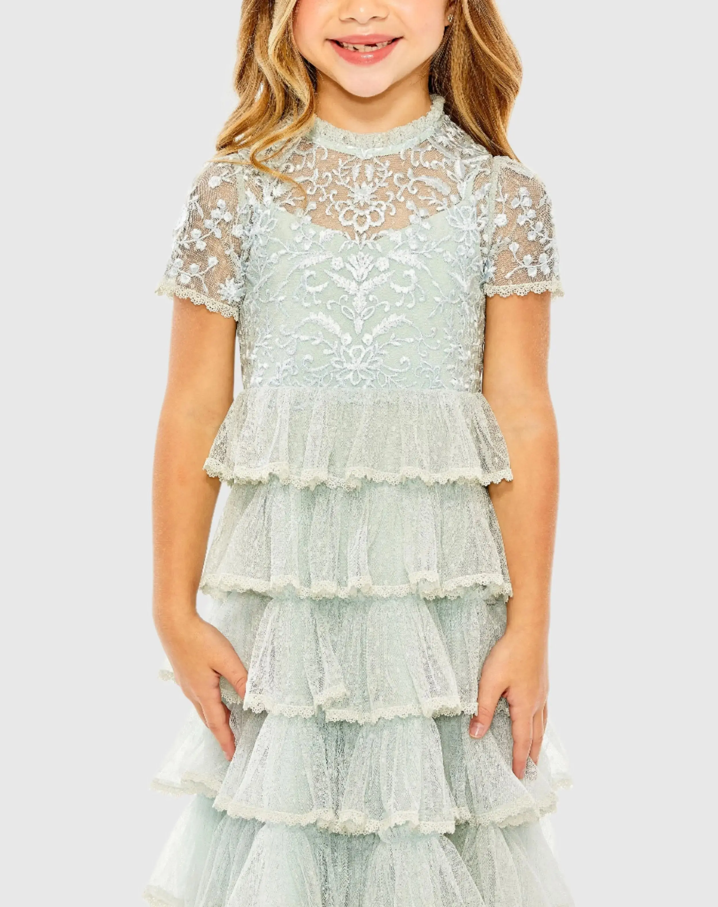 Blue Girls High Neck Embroidered Short Sleeve Dress - Image 2