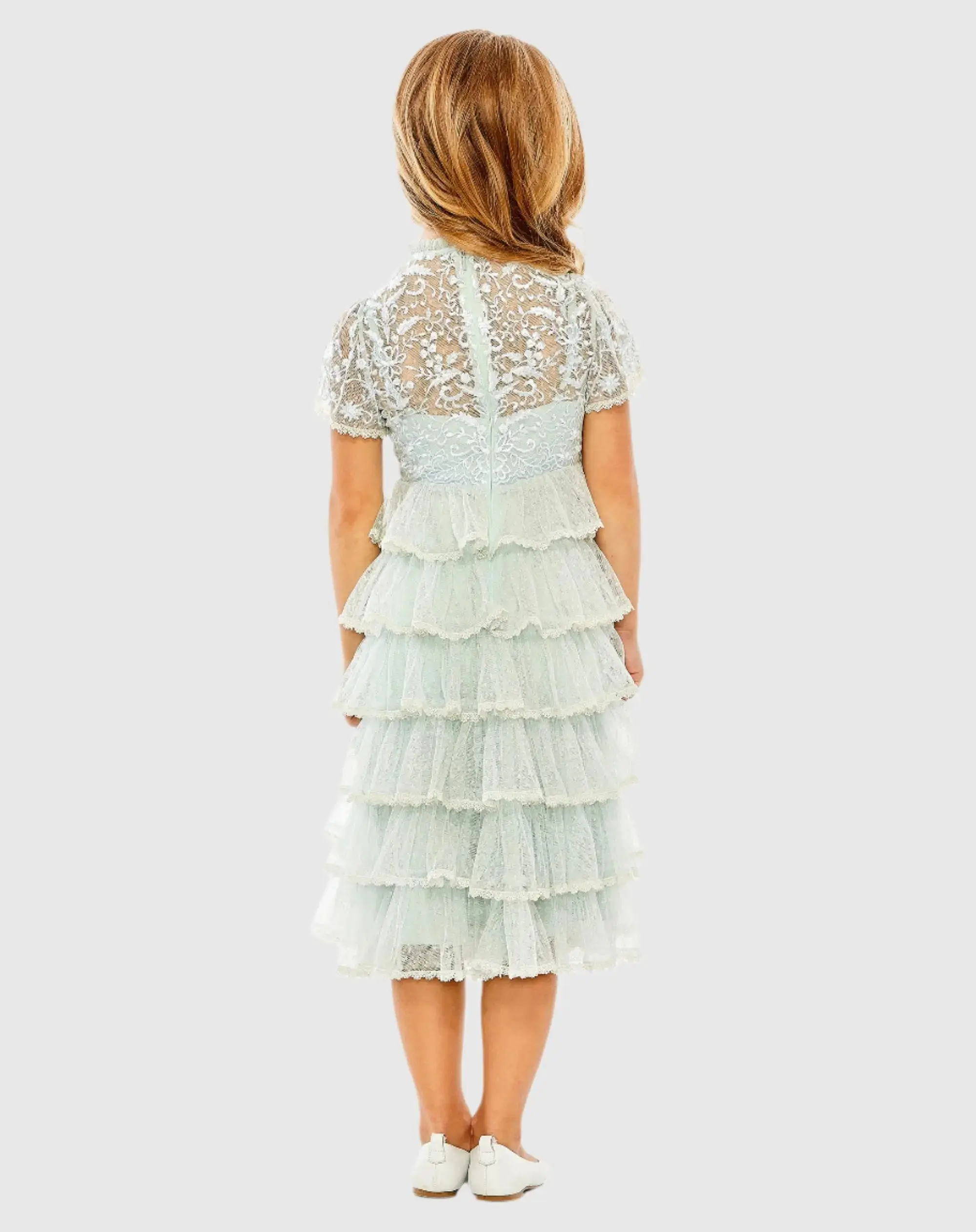 Blue Girls High Neck Embroidered Short Sleeve Dress - Image 3