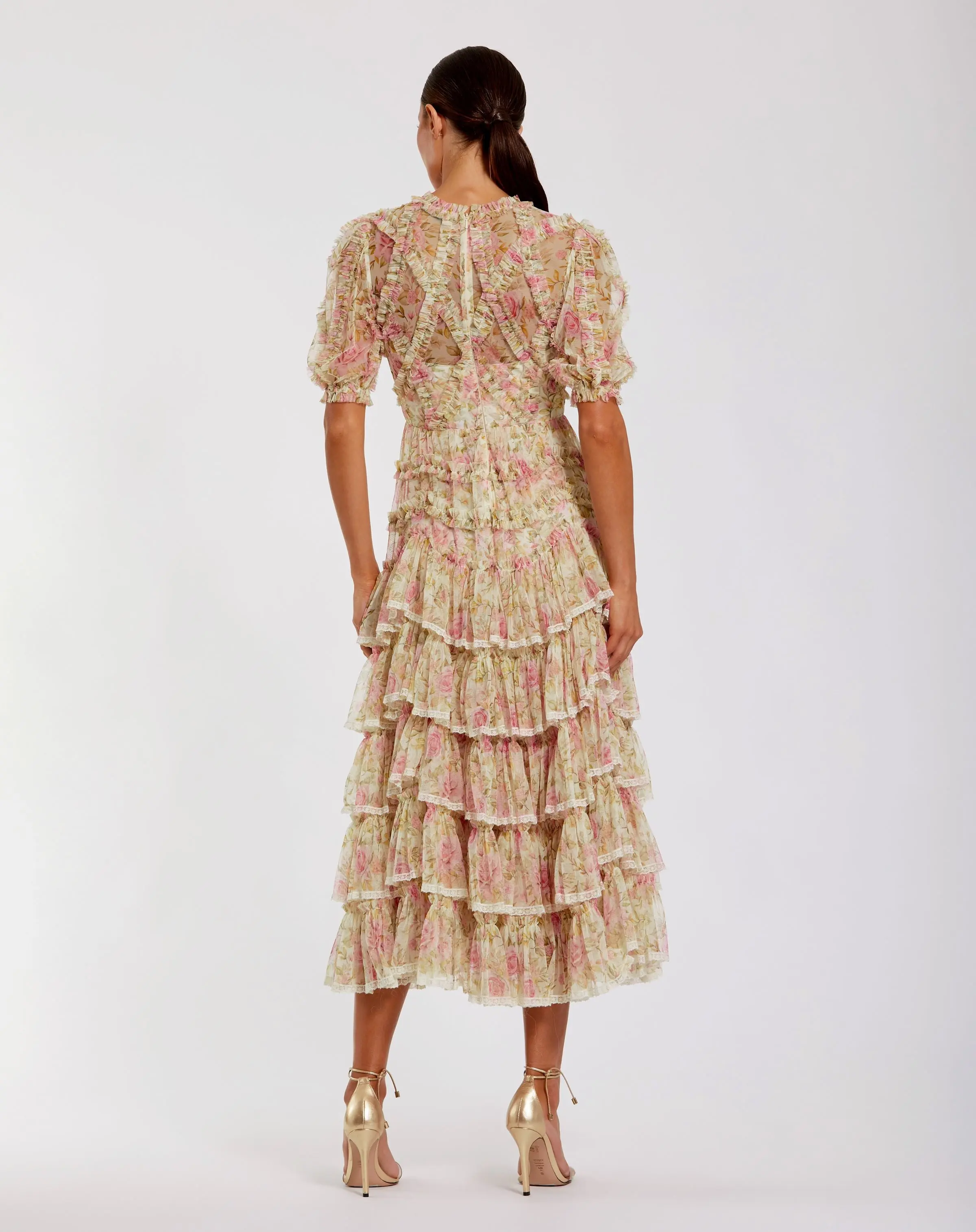 Beige Floral High Neck Midi Dress with Lace Trim - Image 3