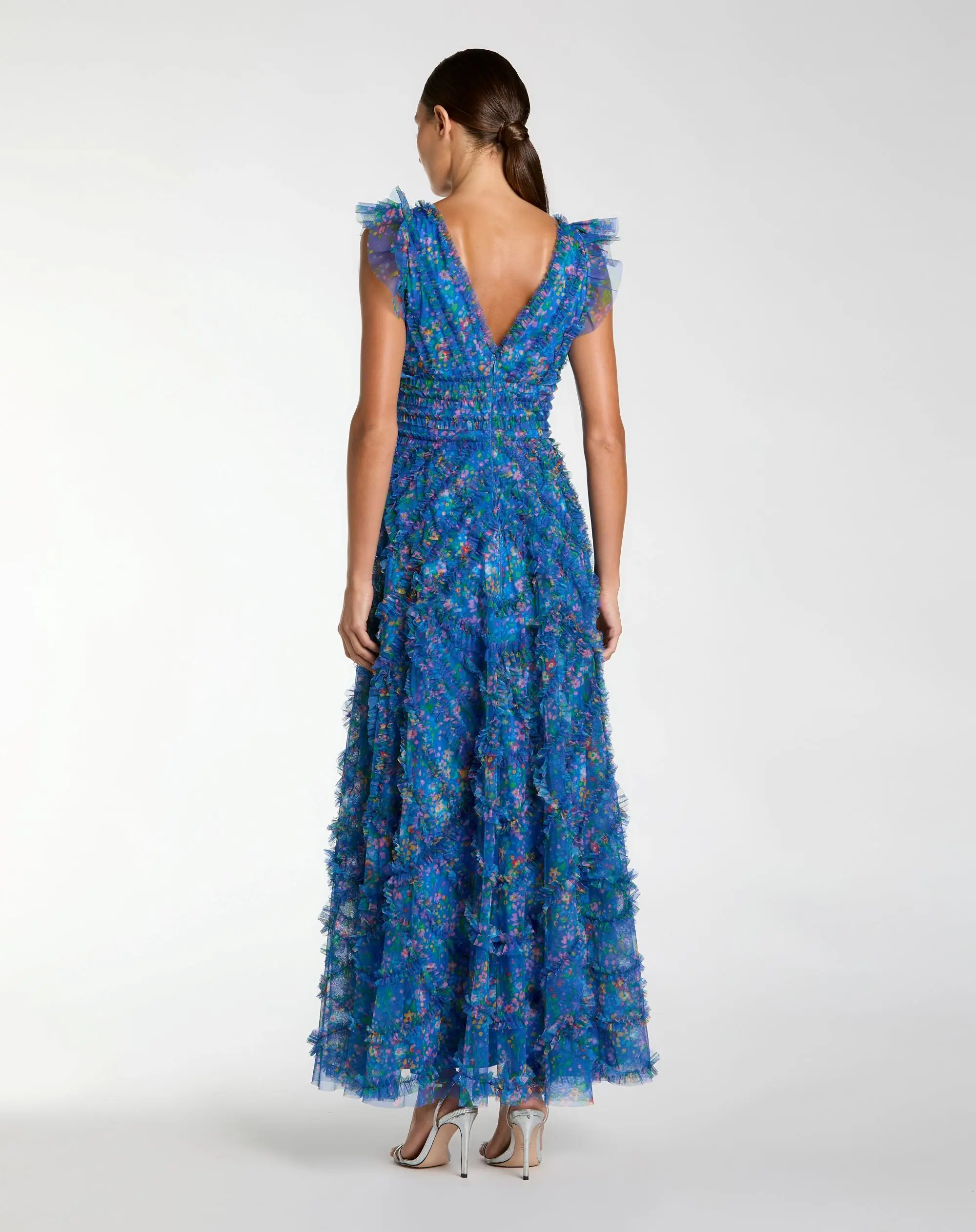 Blue Floral V-Neck Ruffle Maxi Dress - Image 3