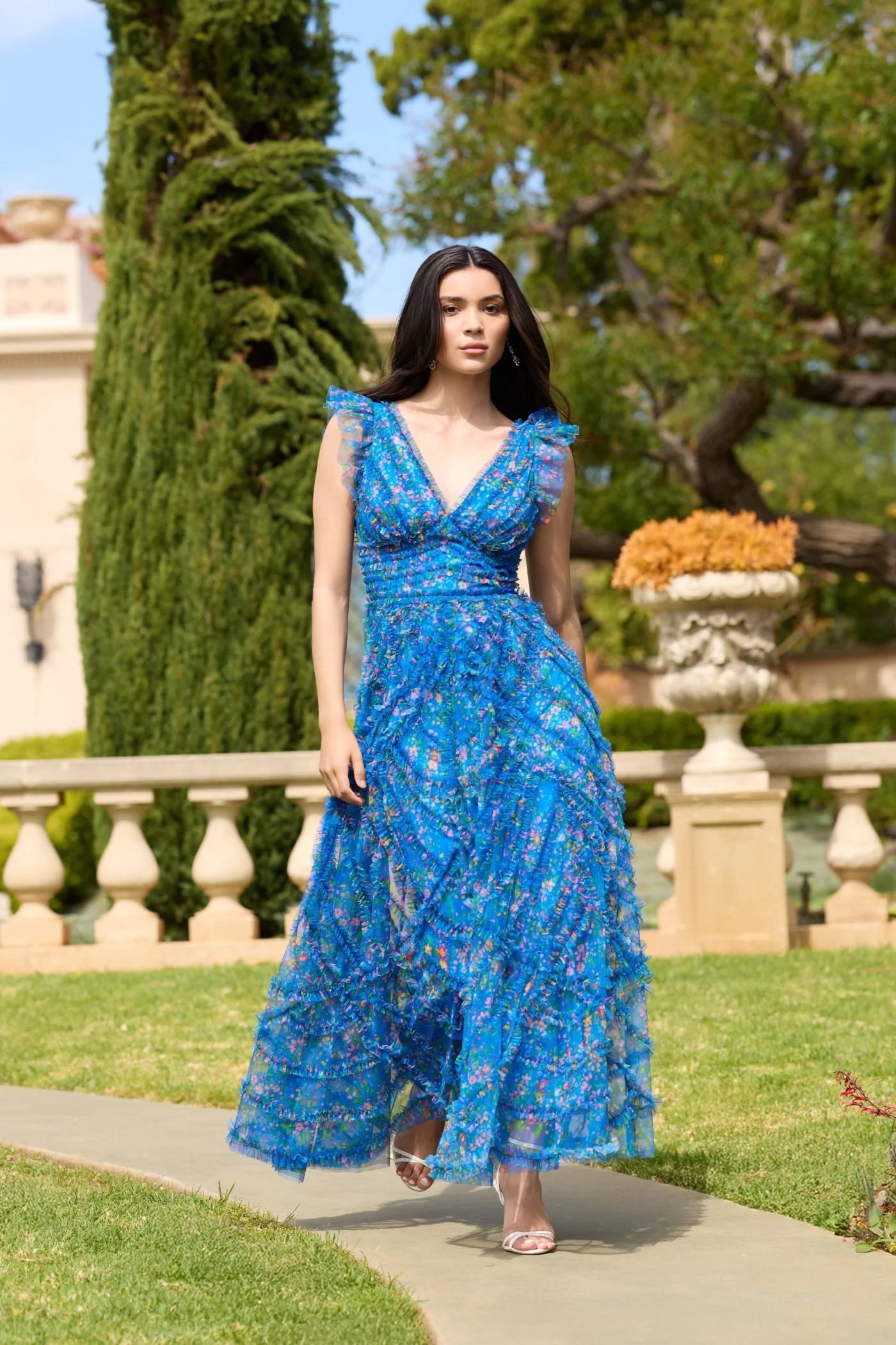 Blue Floral V-Neck Ruffle Maxi Dress - Image 4