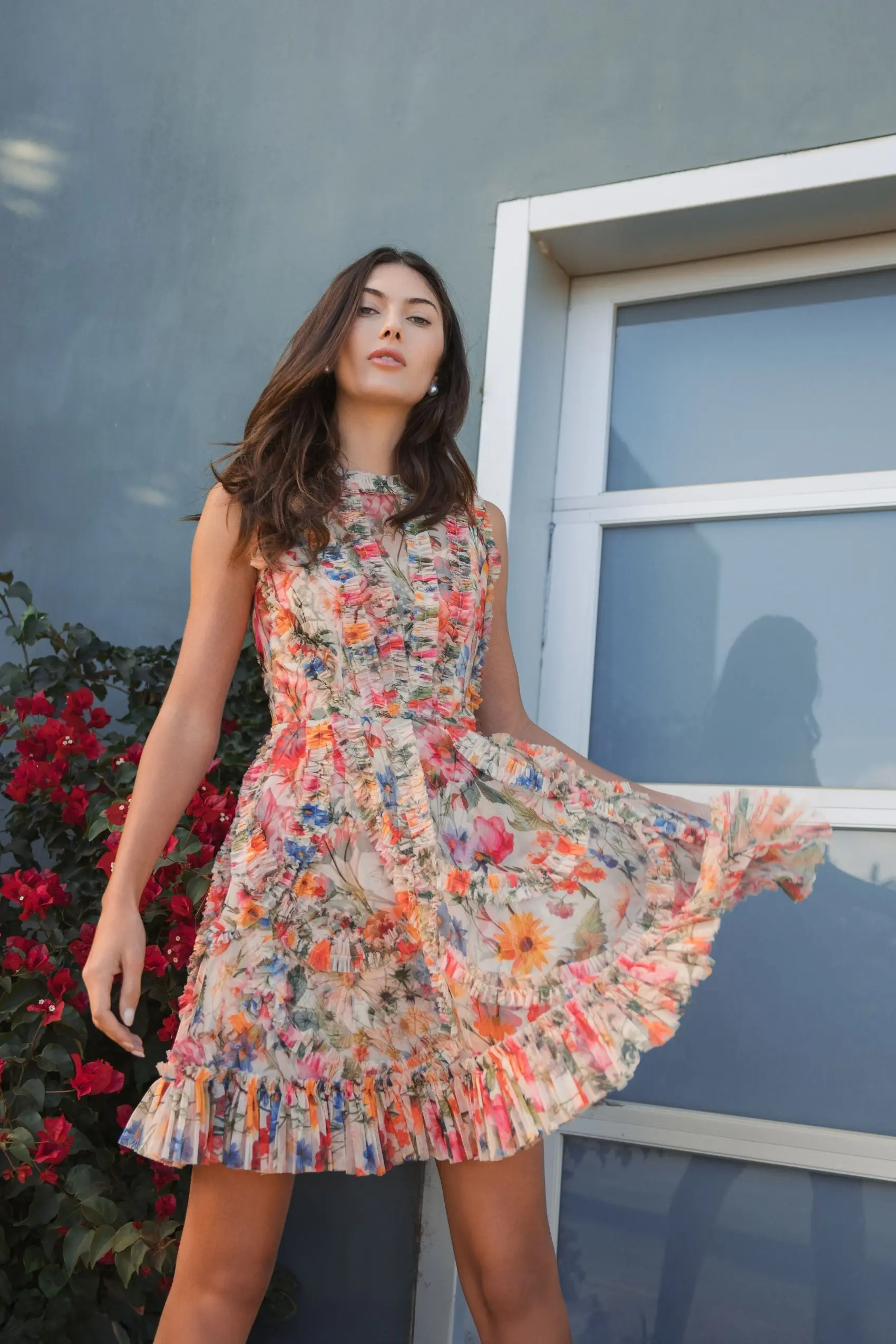 Multicolor Micro Ruffle Floral A-Line Mini Dress - Image 4