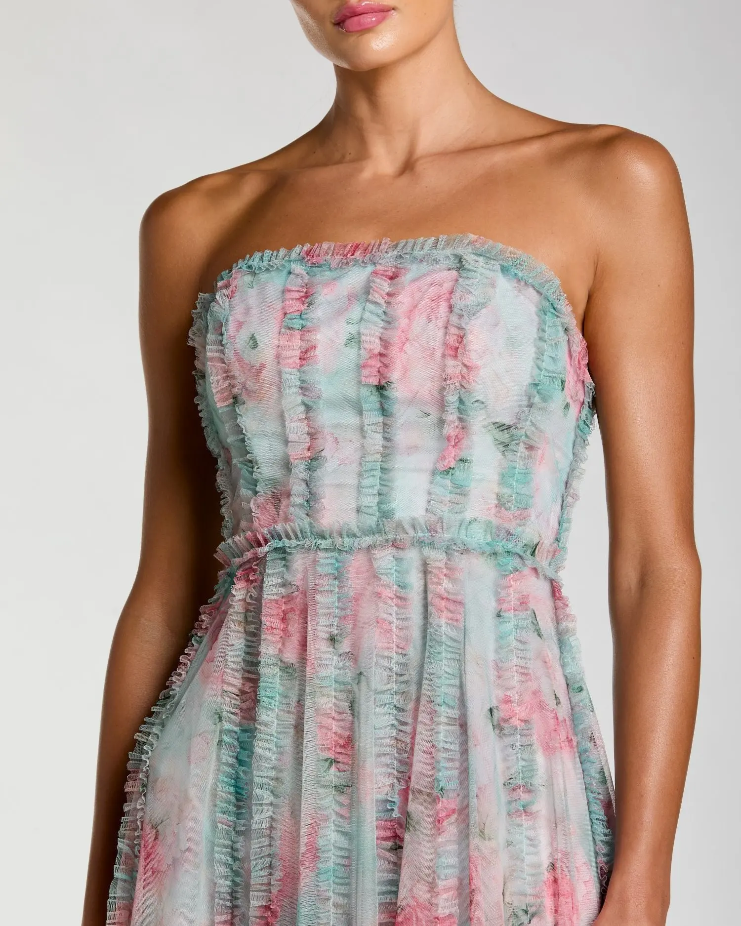 Blue Strapless Floral Ruffle Dress - Image 2