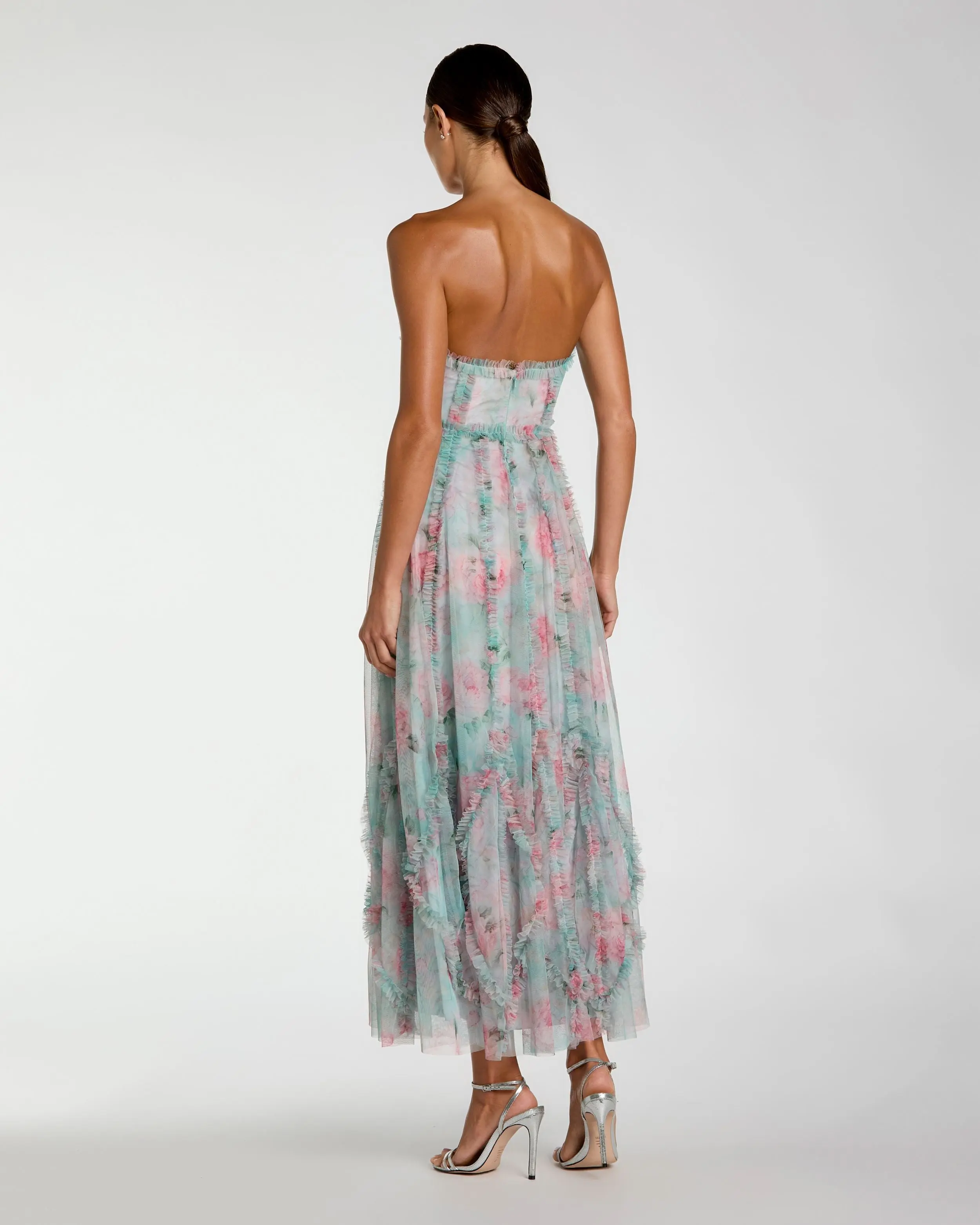 Blue Strapless Floral Ruffle Dress - Image 3