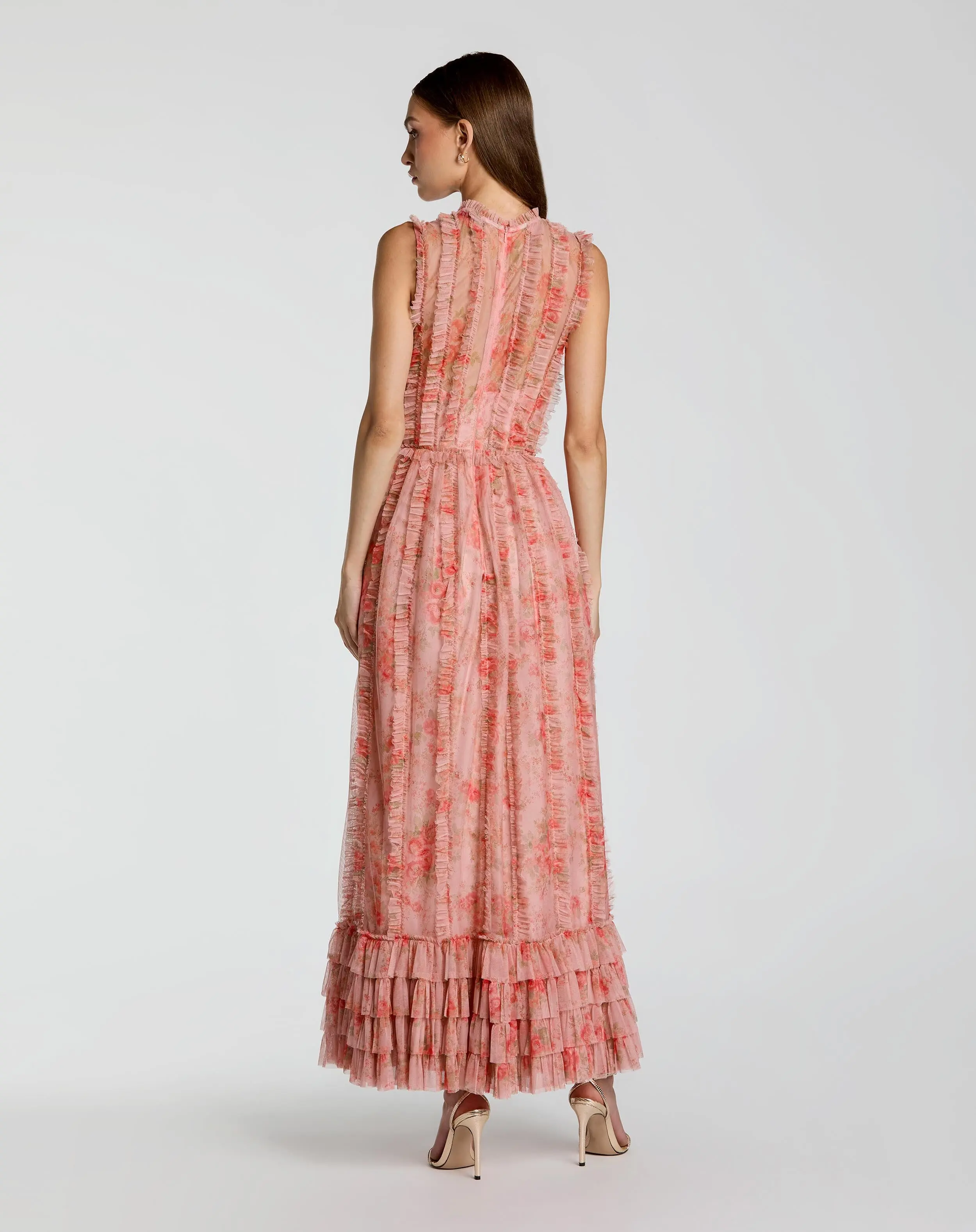 Pink Sleeveless Tiered Ruffle Floral Maxi Dress - Image 3