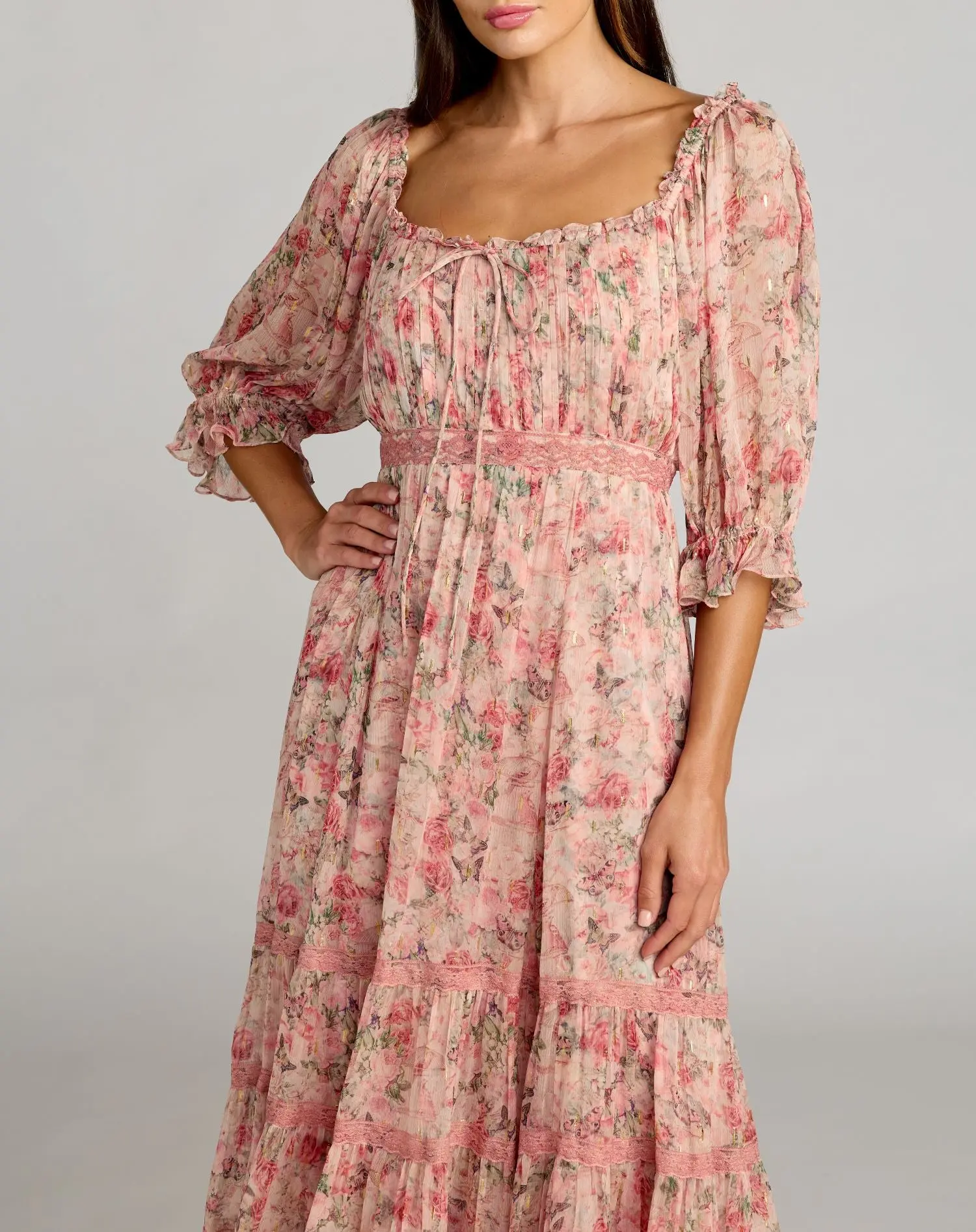 Pink Floral Scoop Neck Midi Dress With 3/4 Sleeves - Image 2