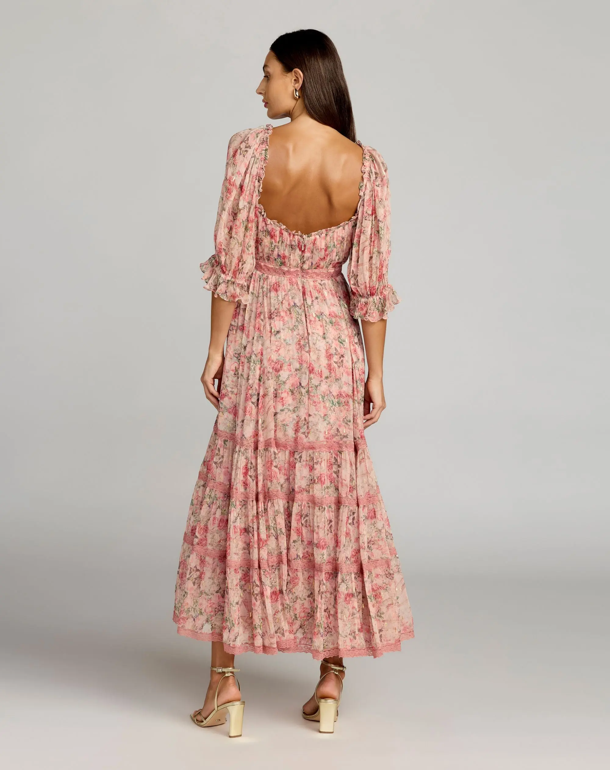 Pink Floral Scoop Neck Midi Dress With 3/4 Sleeves - Image 3