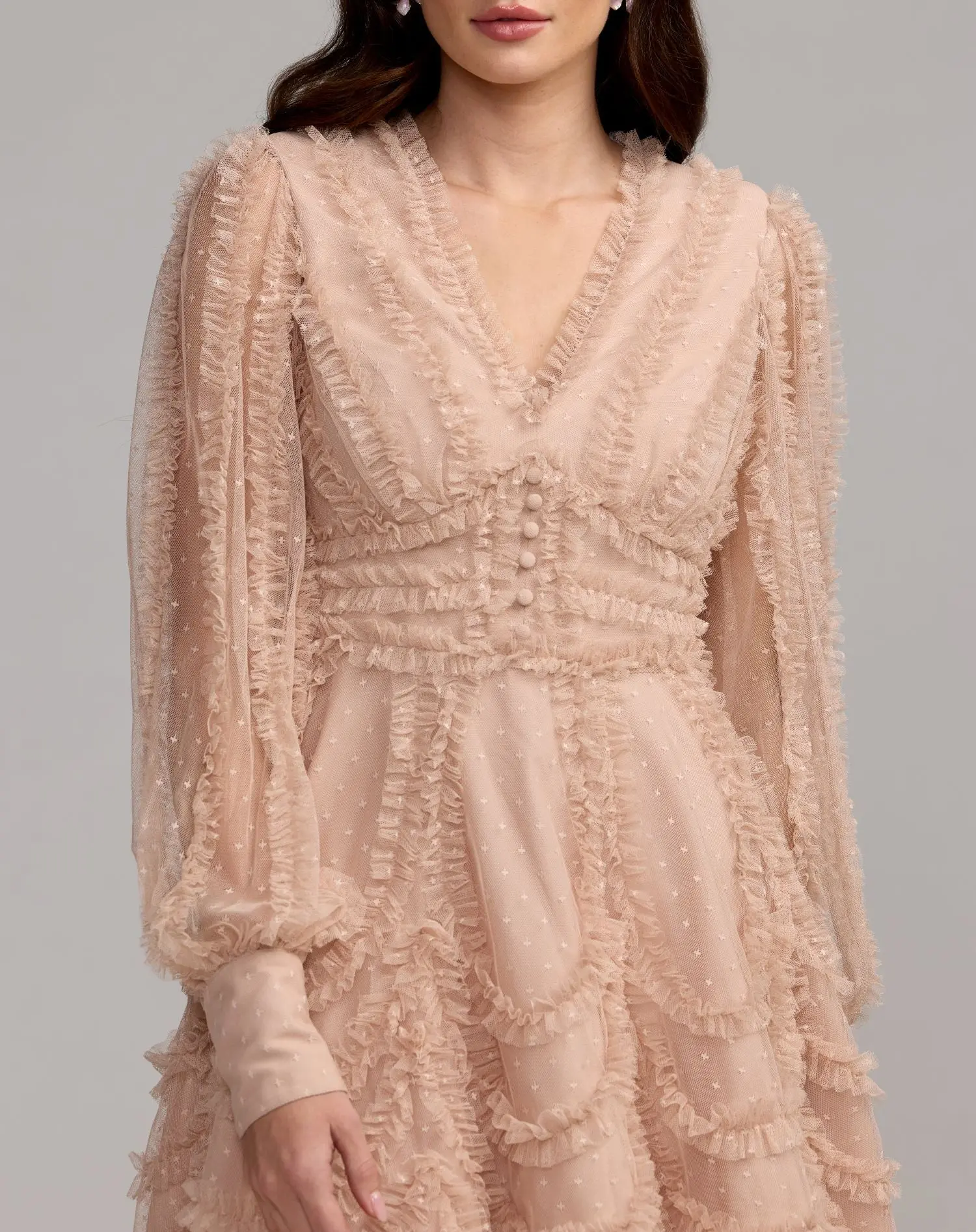 Beige Long Sleeve Micro Ruffle V Neck Mini Dress - Image 2