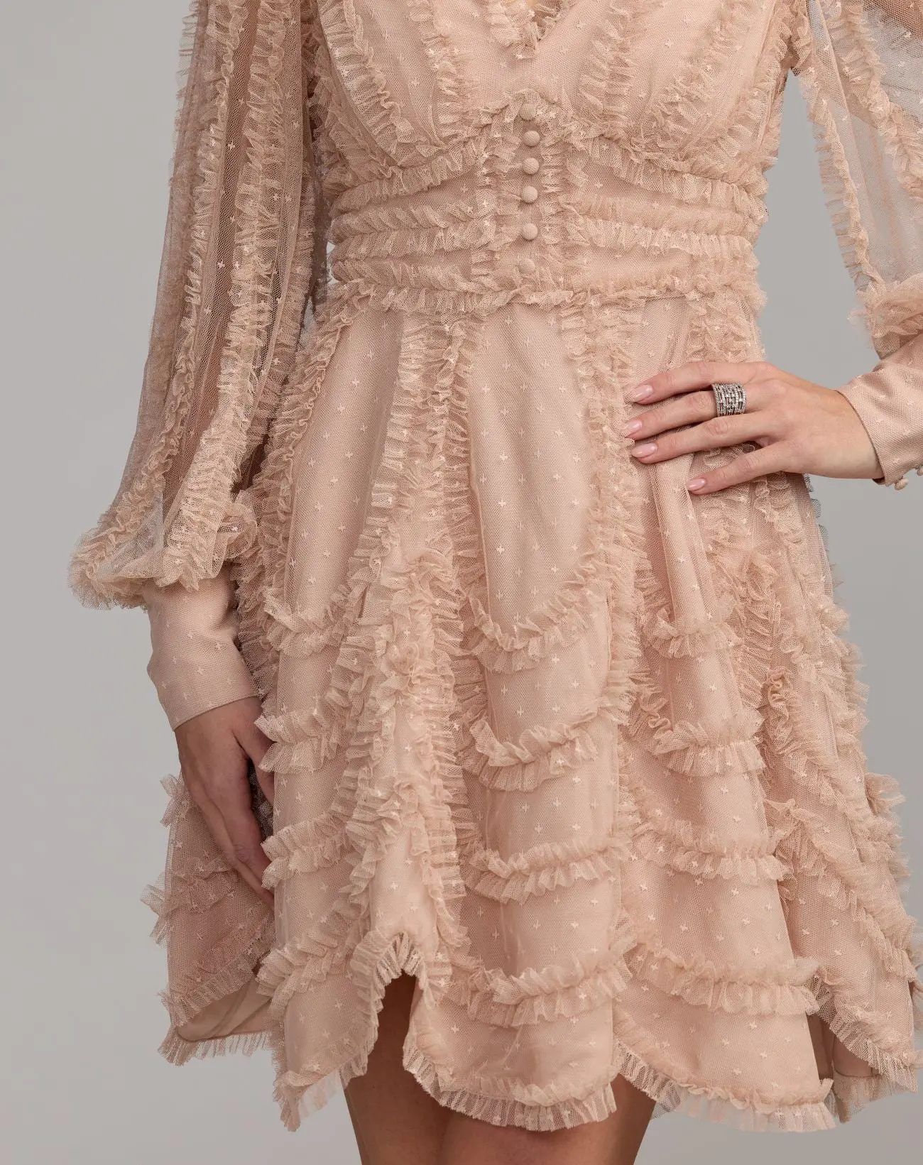 Beige Long Sleeve Micro Ruffle V Neck Mini Dress - Image 3