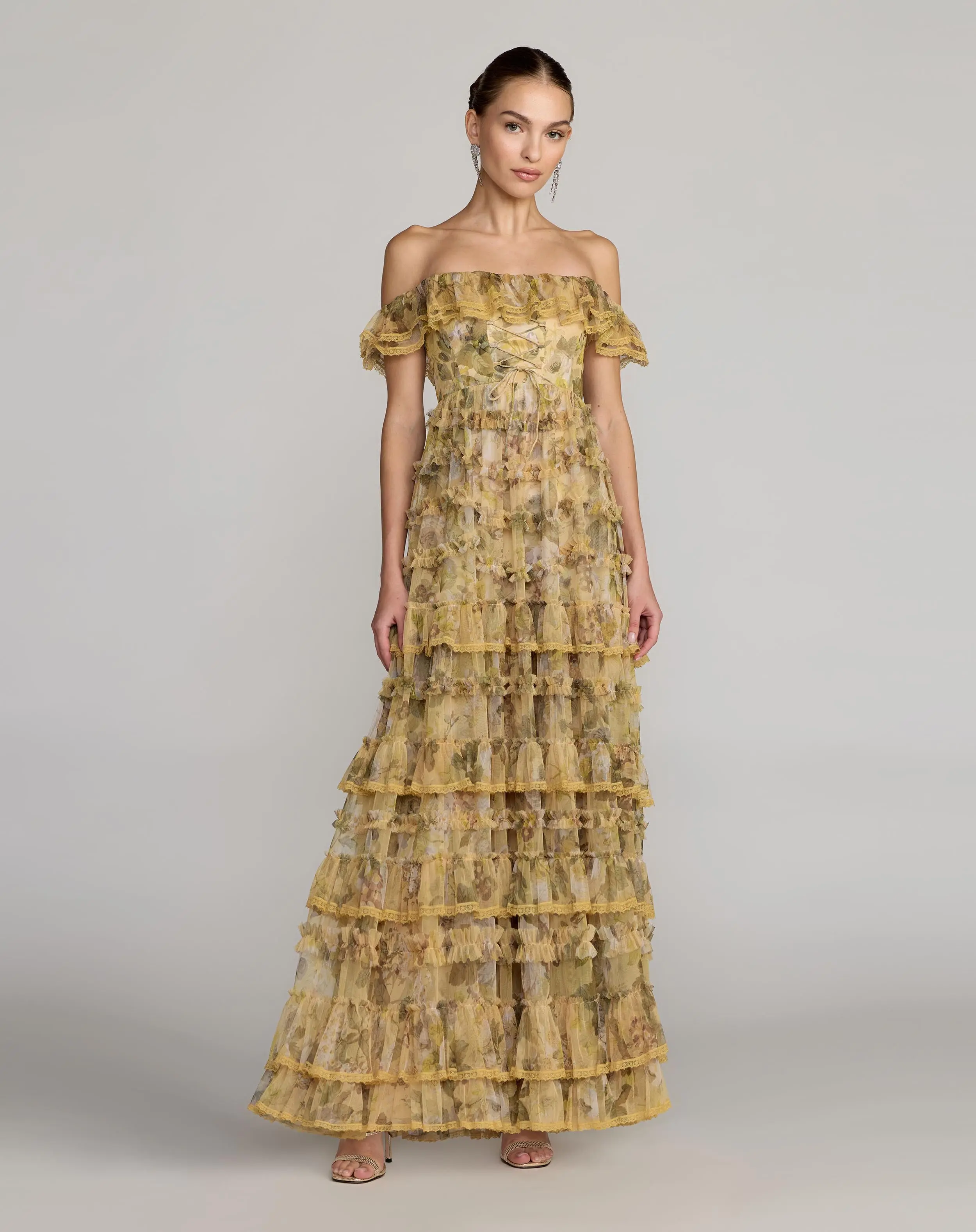 Yellow Floral Off The Shoulder Tiered Gown