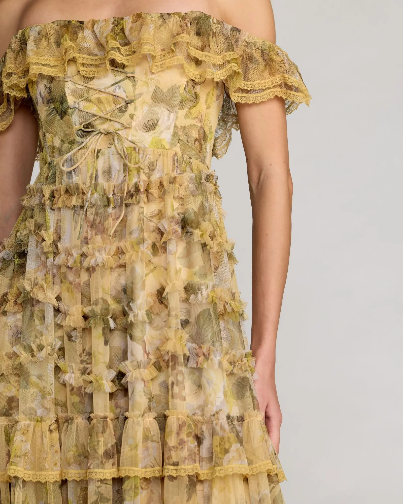 Yellow Floral Off The Shoulder Tiered Gown - Image 3