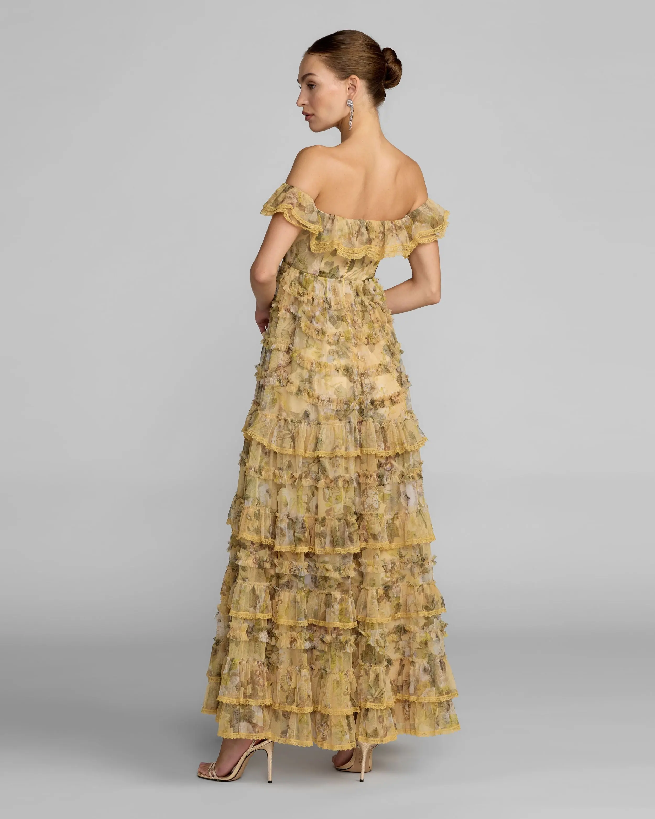 Yellow Floral Off The Shoulder Tiered Gown - Image 4