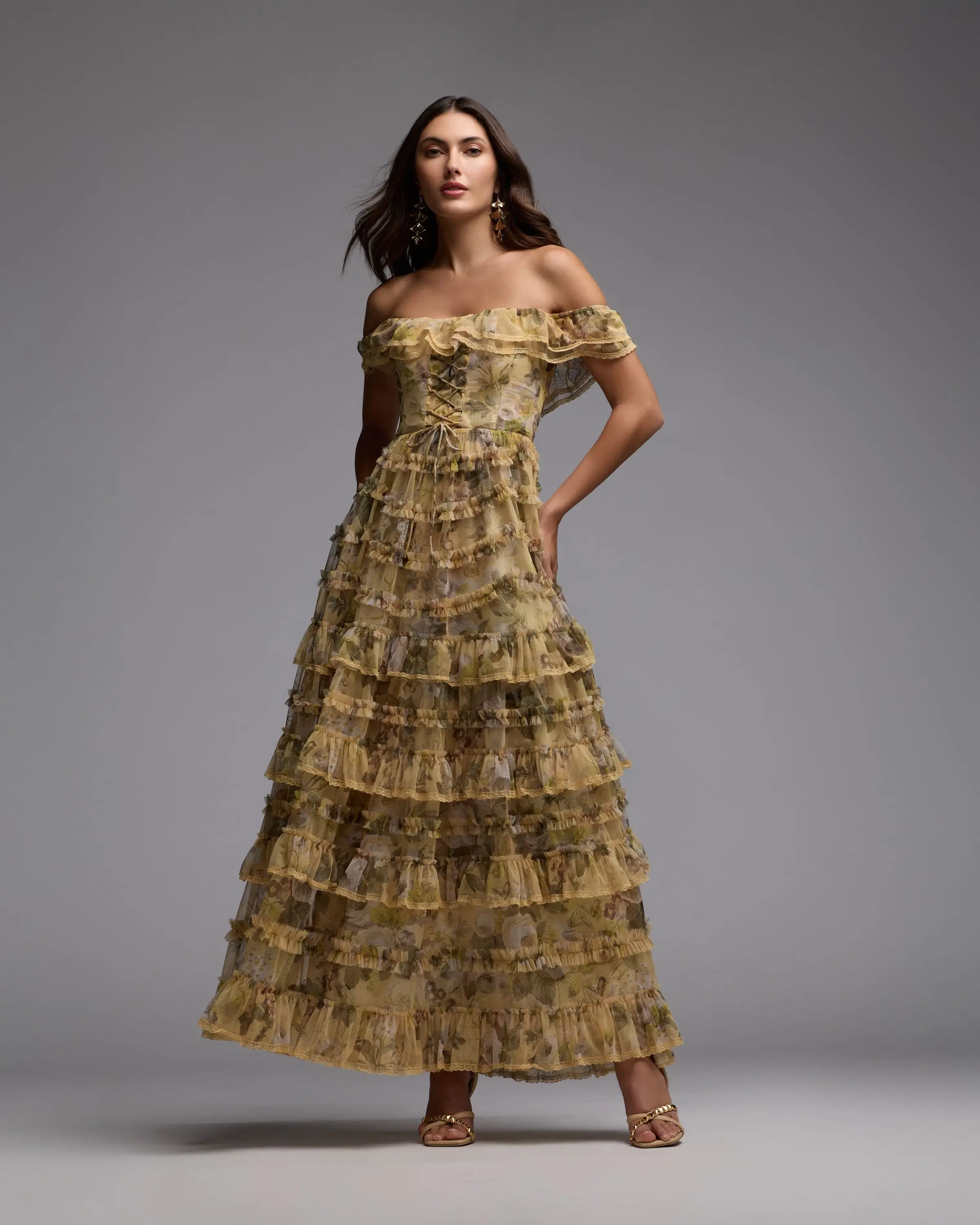 Yellow Floral Off The Shoulder Tiered Gown - Image 5