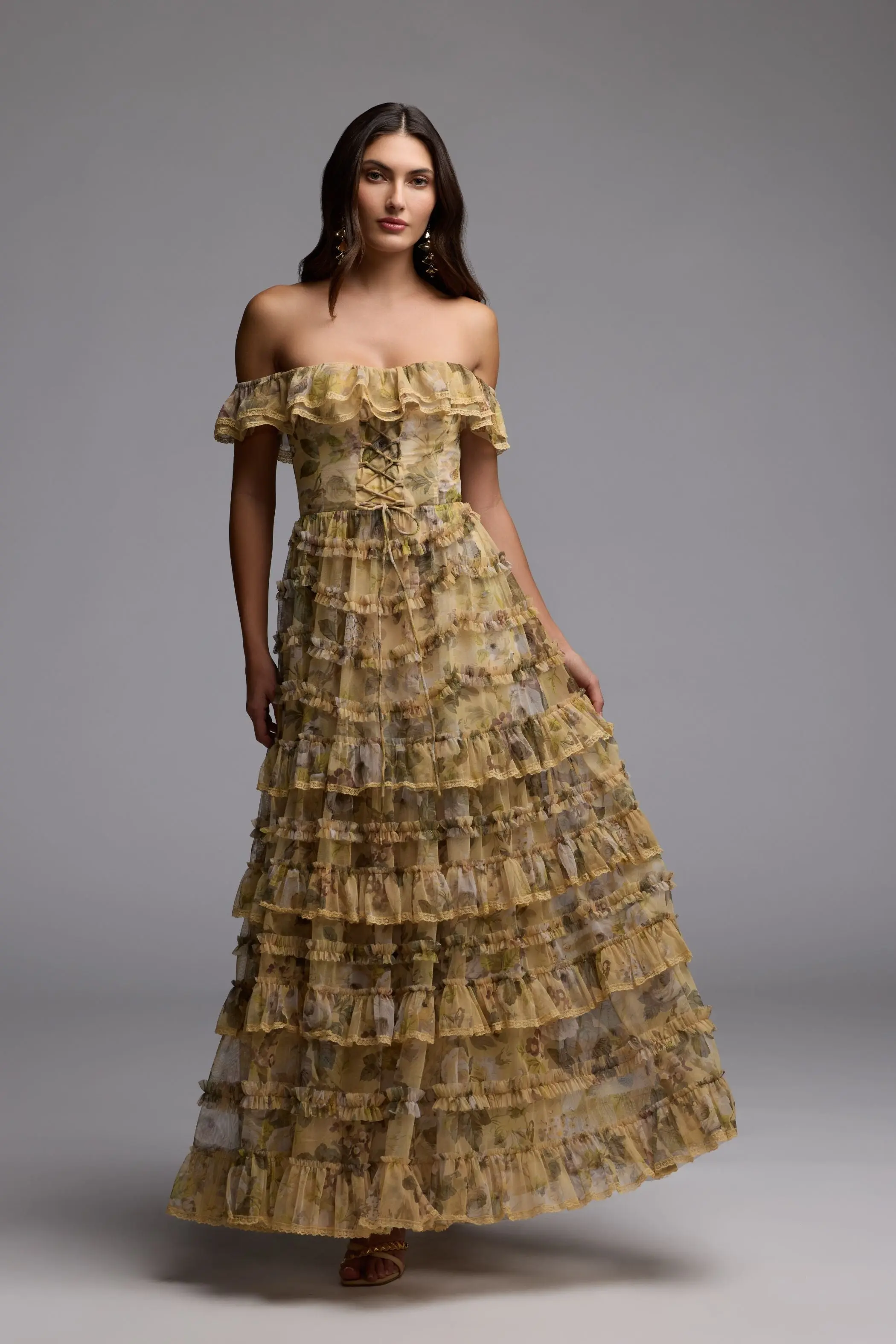 Yellow Floral Off The Shoulder Tiered Gown - Image 7