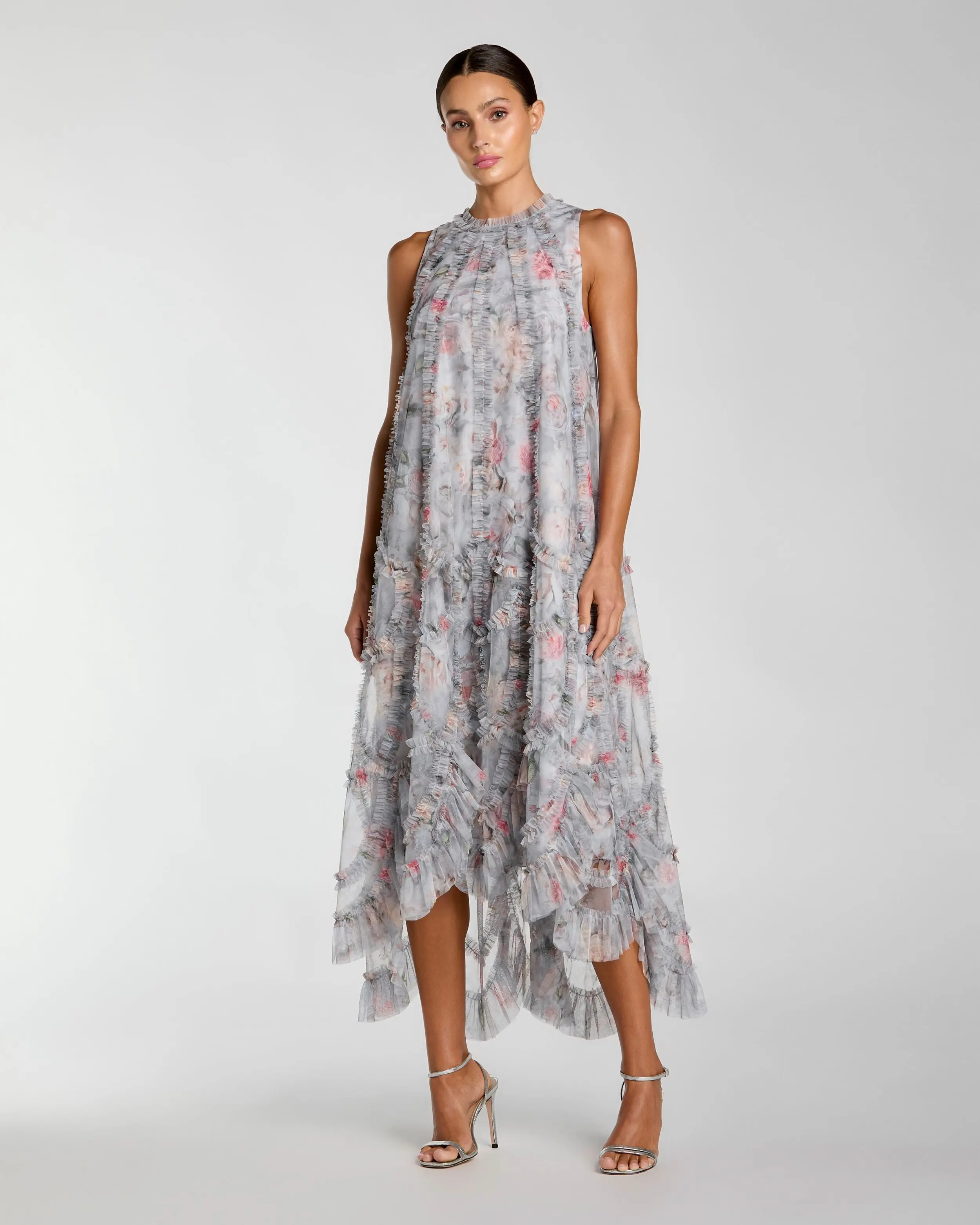 Gray Floral Ruffle High Neck Midi Dress