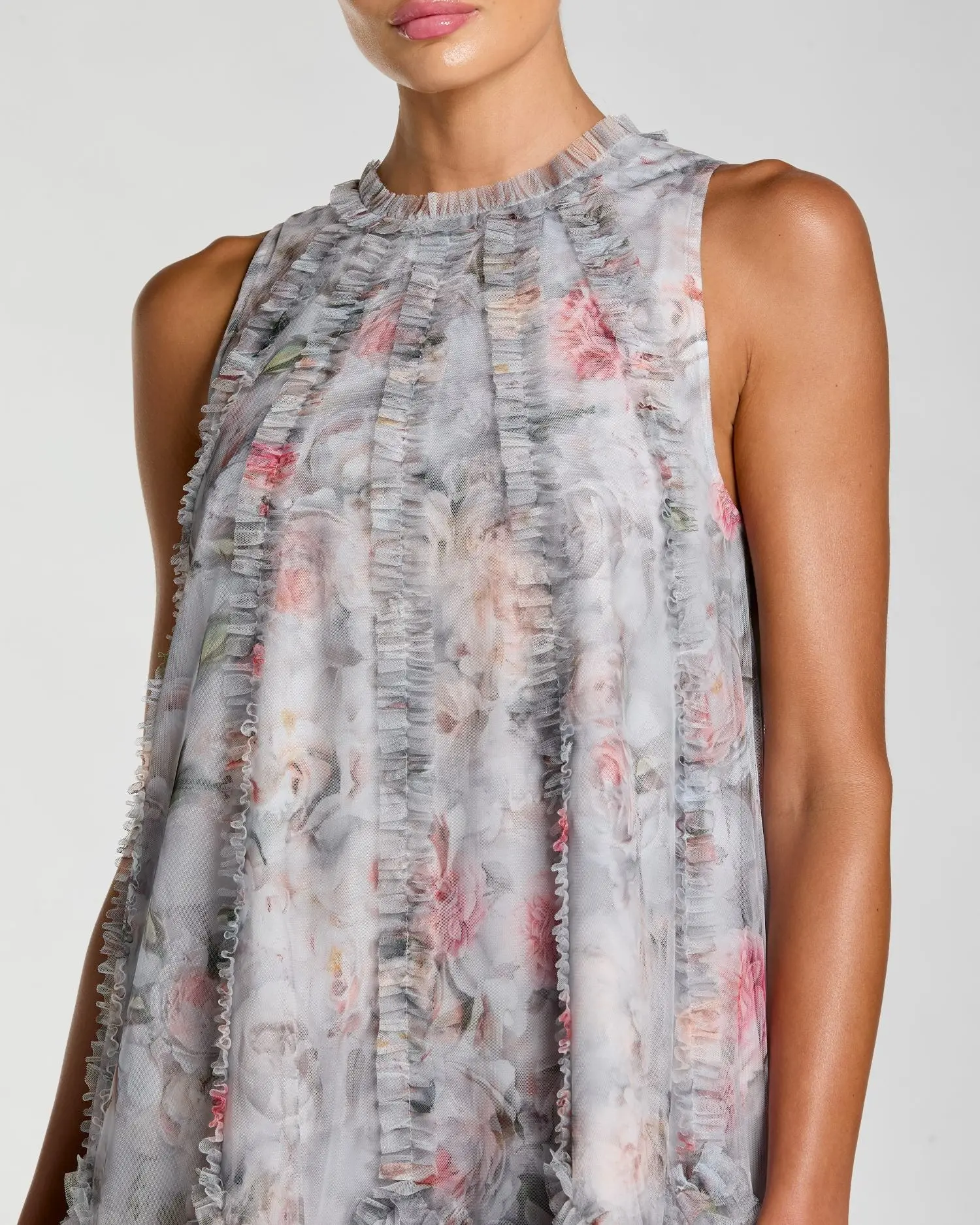 Gray Floral Ruffle High Neck Midi Dress - Image 2