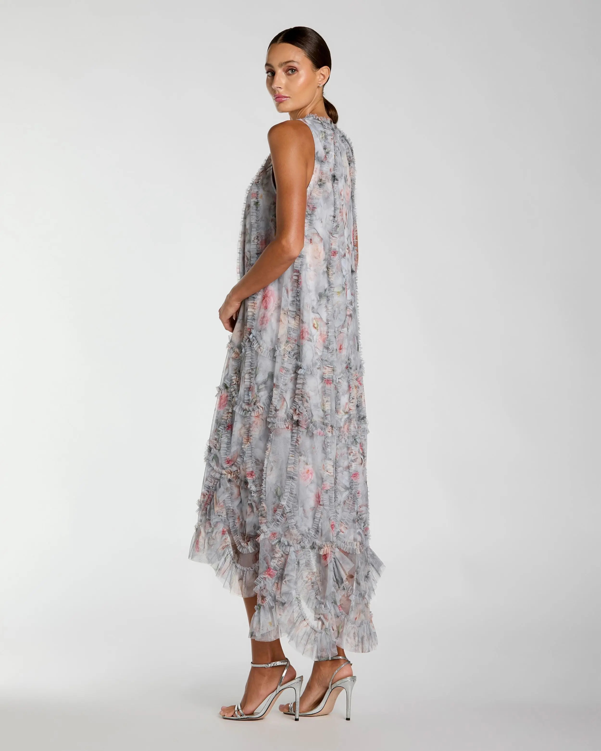 Gray Floral Ruffle High Neck Midi Dress - Image 3