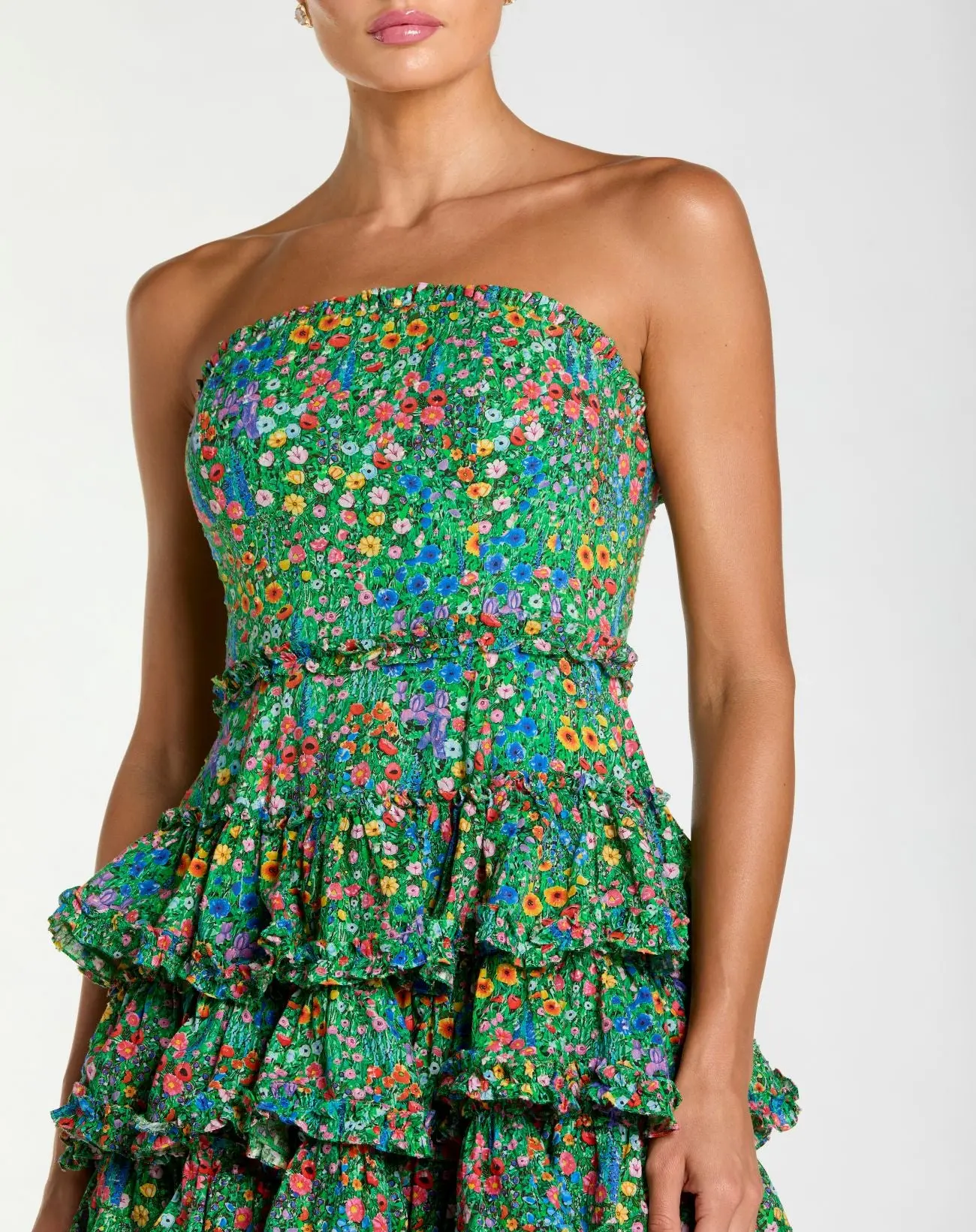 Green Strapless Floral Cotton Ruffle Midi Dress - Image 2