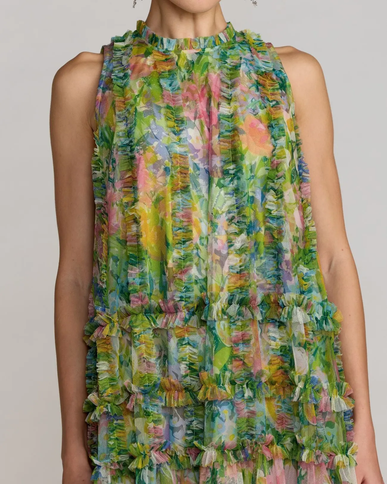 Green Printed Sleeveless High Neck Ruffle Mini Dress - Image 2