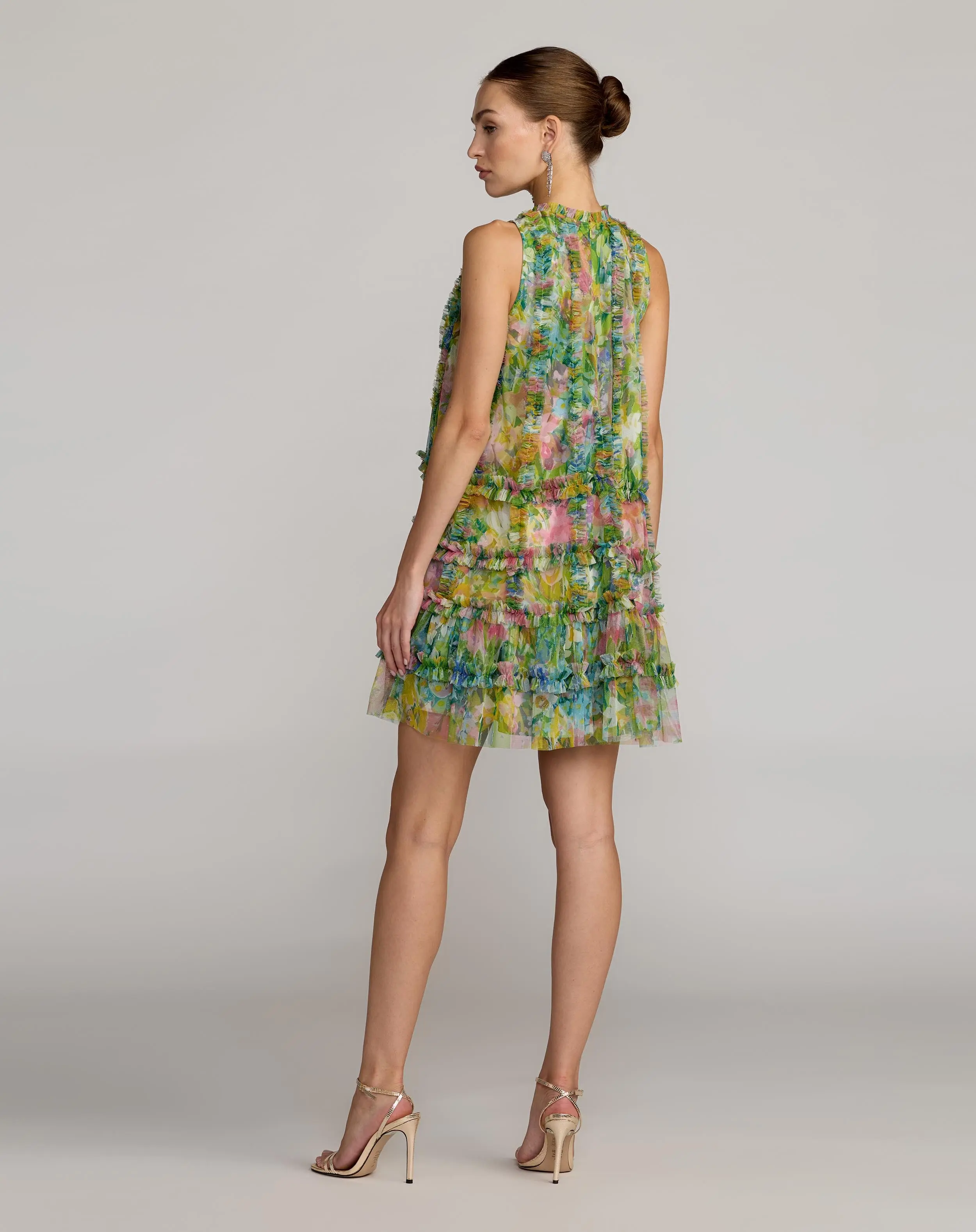 Green Printed Sleeveless High Neck Ruffle Mini Dress - Image 4