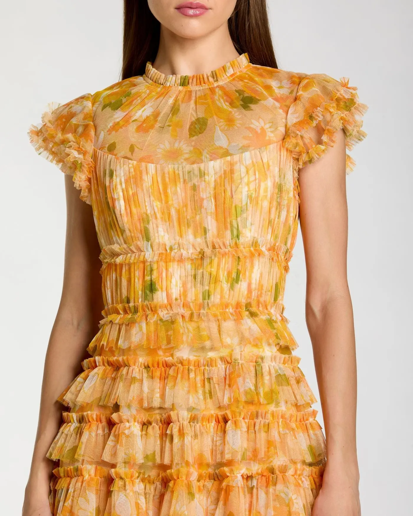 Yellow Floral High Neck Flutter Sleeve Midi Dress - Image 2