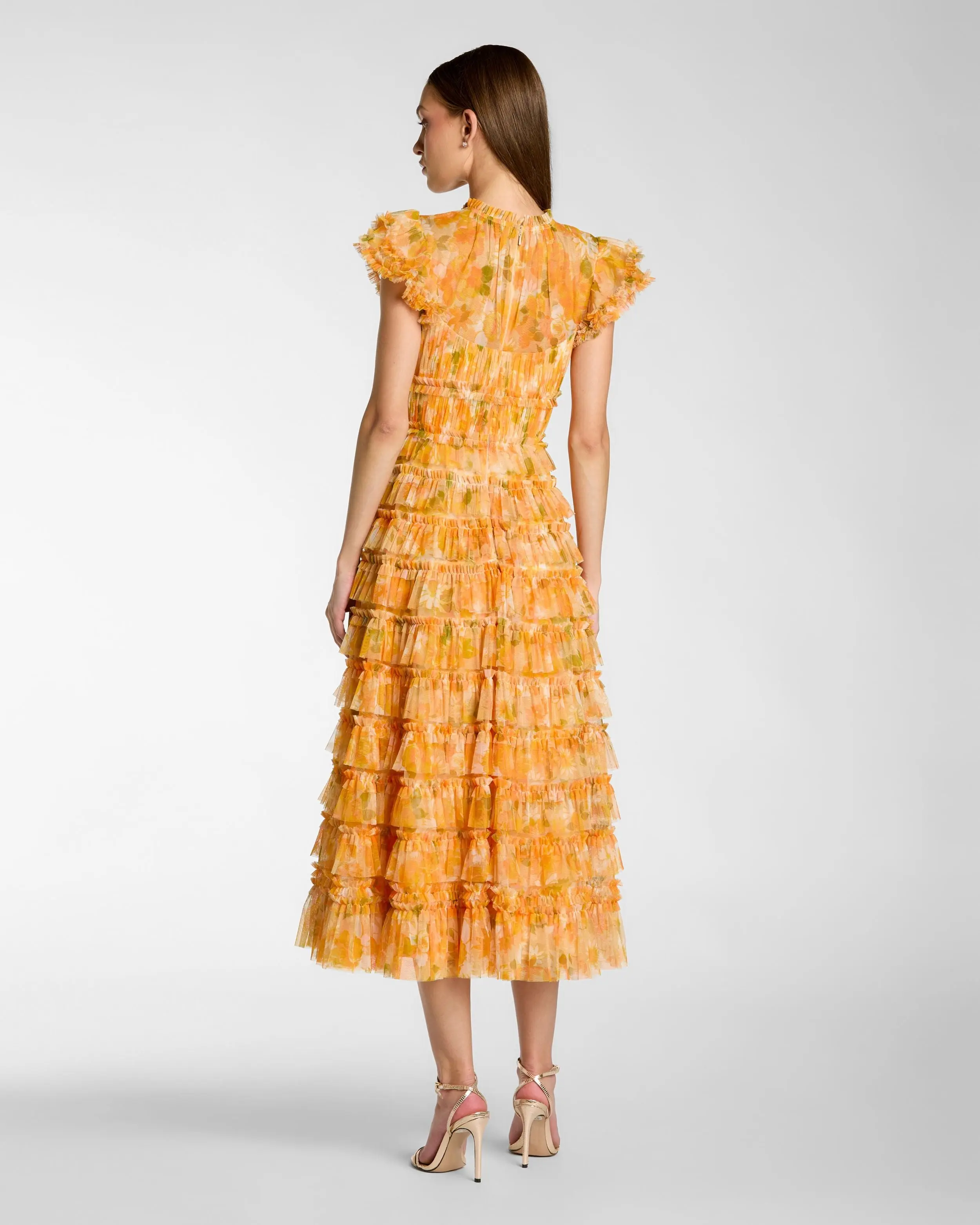 Yellow Floral High Neck Flutter Sleeve Midi Dress - Image 3