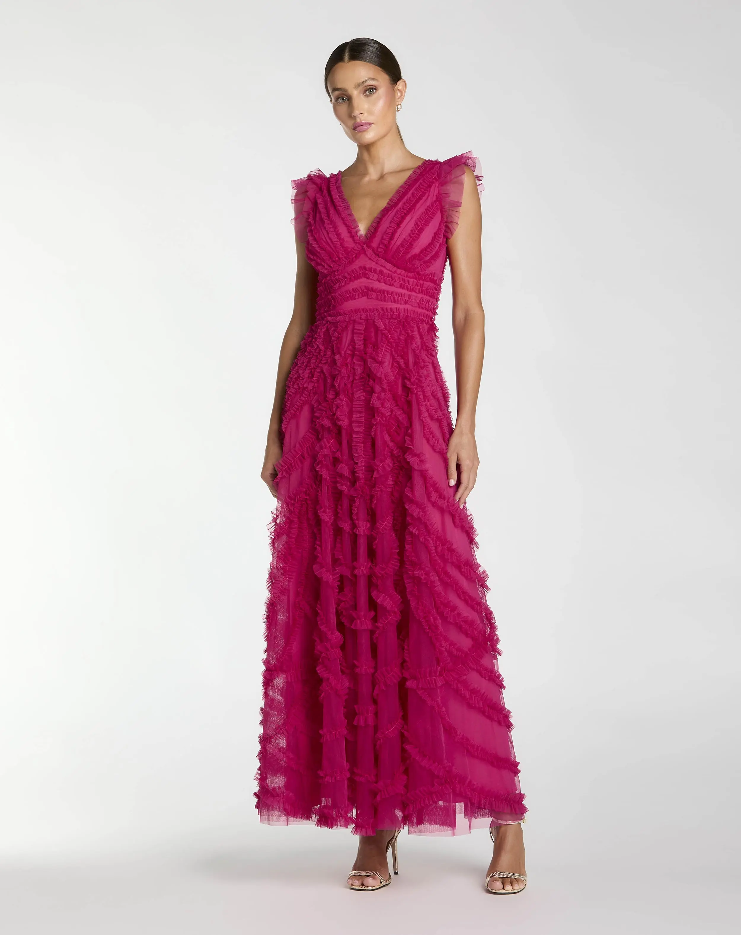 Pink V-Neck Cap Sleeve Ruffle Maxi Dress