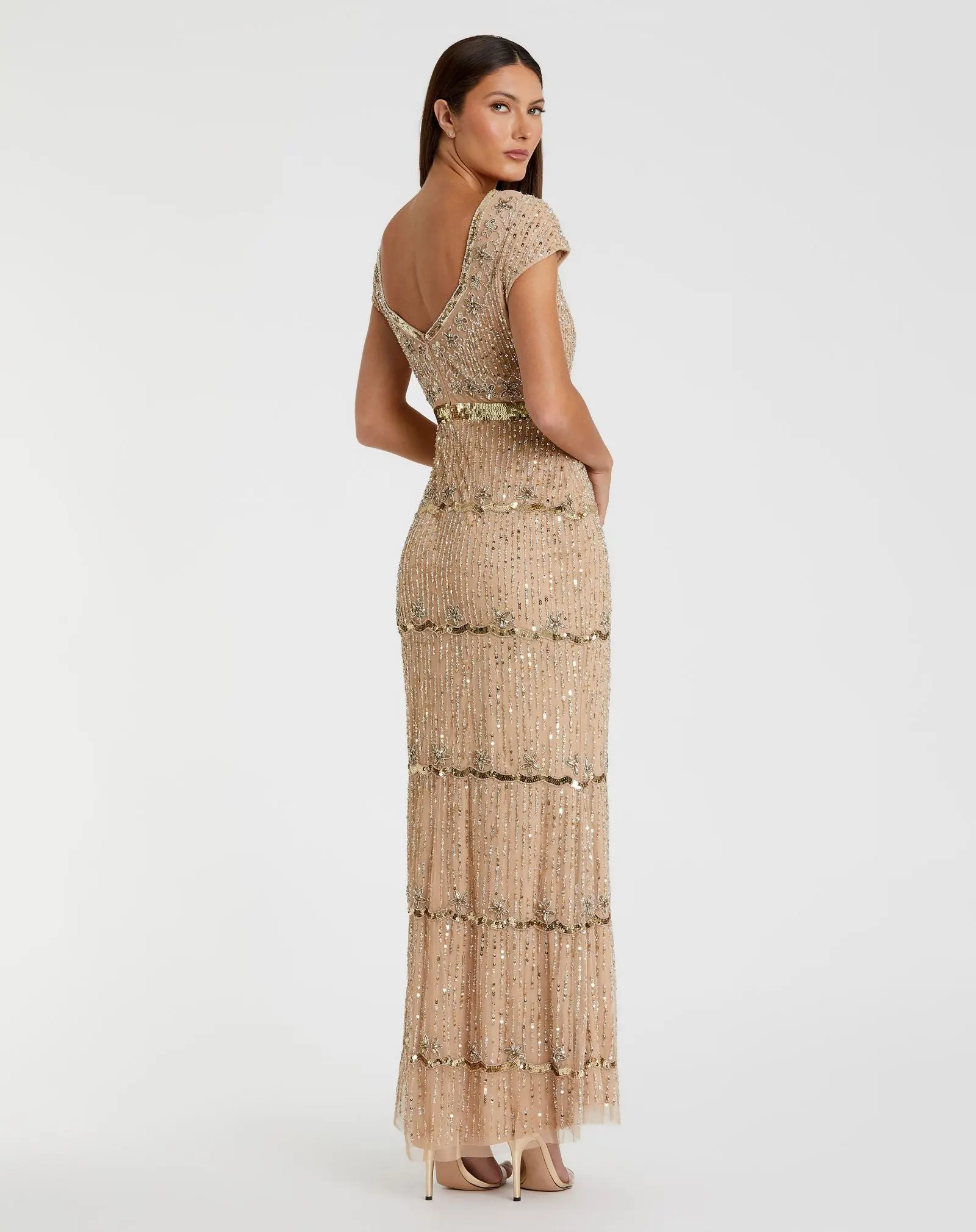 Gold Sequin Cap Sleeve Sweetheart Column Gown - Image 3