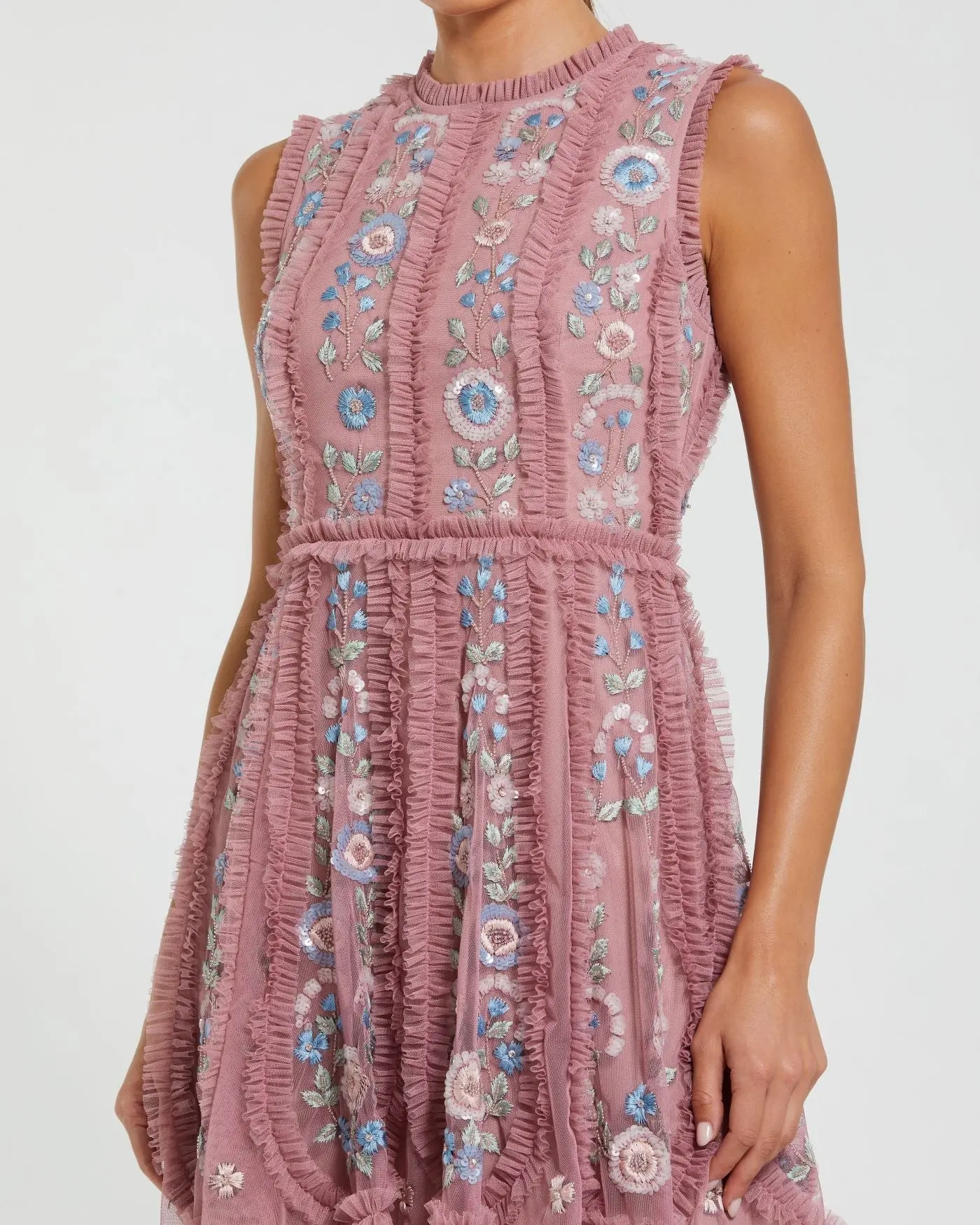 Pink Sleeveless High Neck Embroidered Mini Dress - Image 2