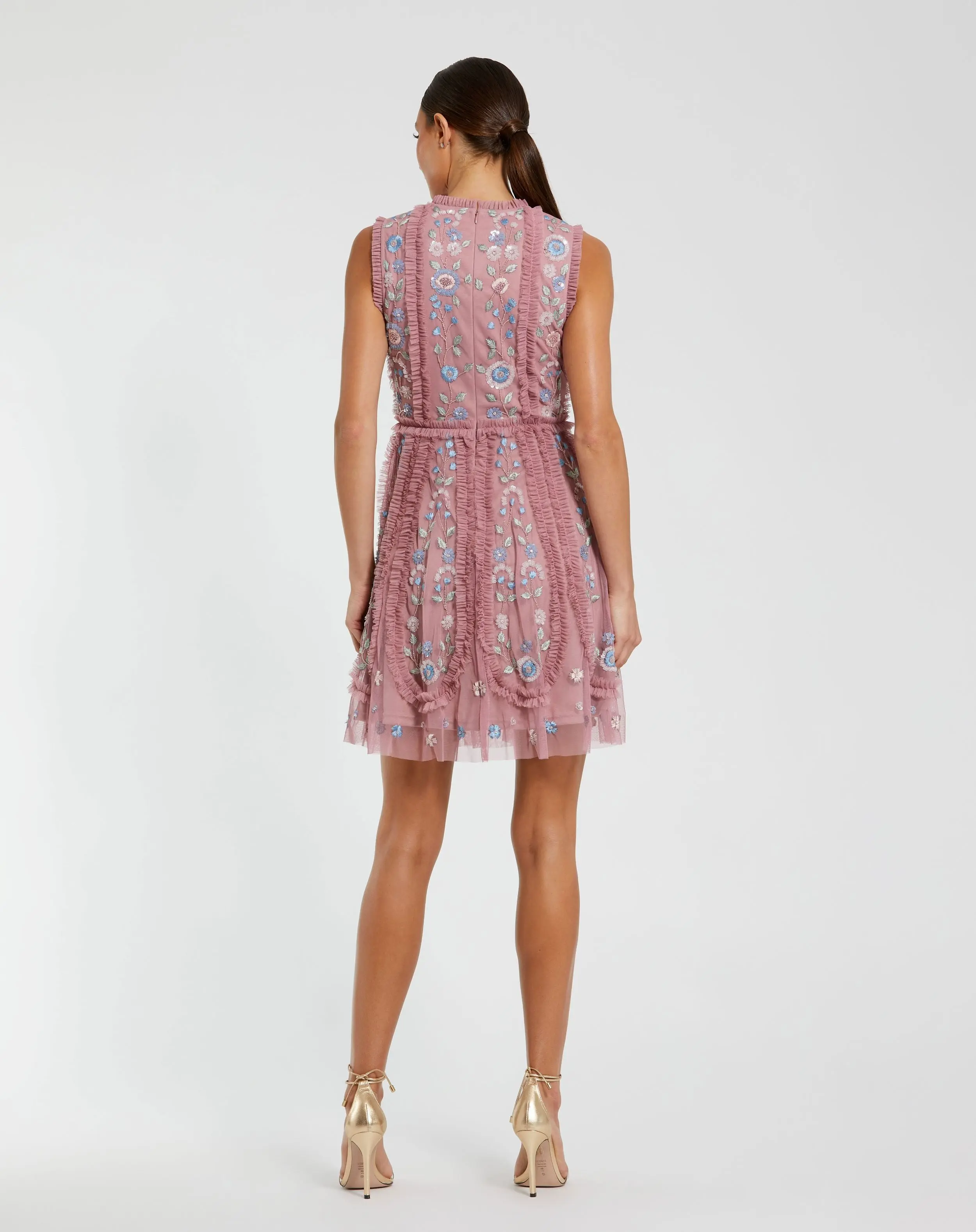 Pink Sleeveless High Neck Embroidered Mini Dress - Image 3