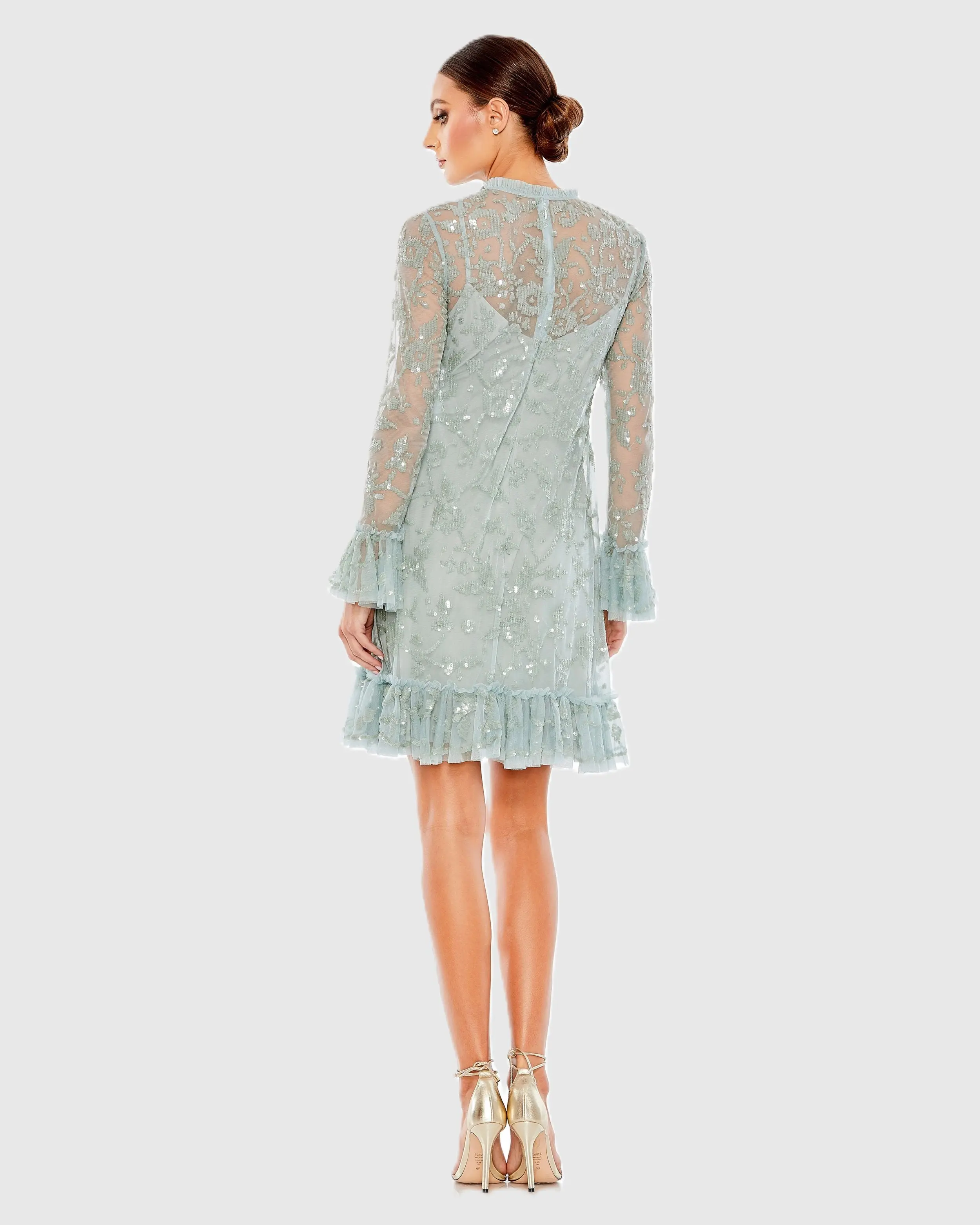 Blue Sequin Long Sleeve Mini Dress - Image 3